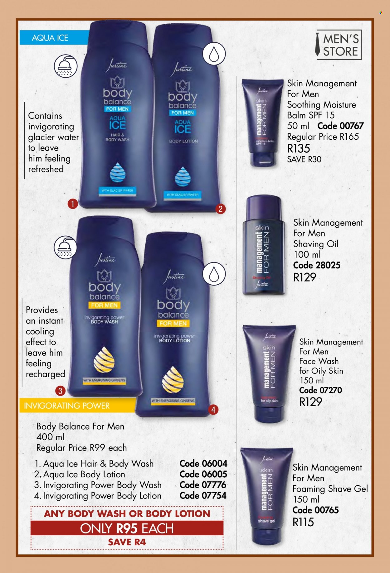 thumbnail - Justine catalogue  - 01/01/2023 - 31/01/2023 - Sales products - body wash, hair & body wash, face gel, face wash, body lotion, shave gel. Page 52.
