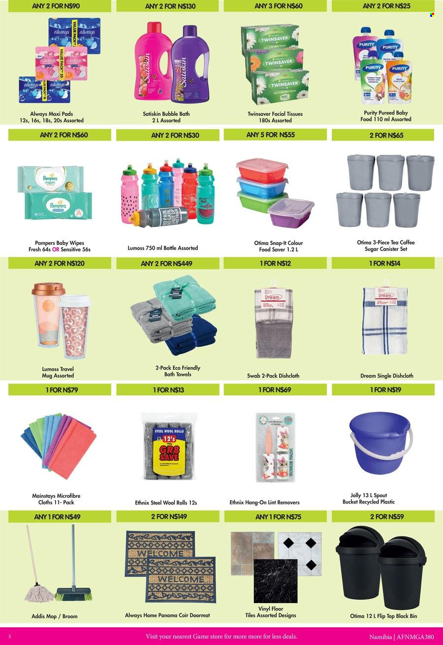 Game catalogue  - 01/01/2023 - 31/03/2023 - Sales products - sugar, tea, coffee, Purity, wipes, Pampers, baby wipes, tissues, bubble bath, Satiskin, sanitary pads, facial tissues, mug, canister, travel mug, bath towel, towel, bin. Page 3.