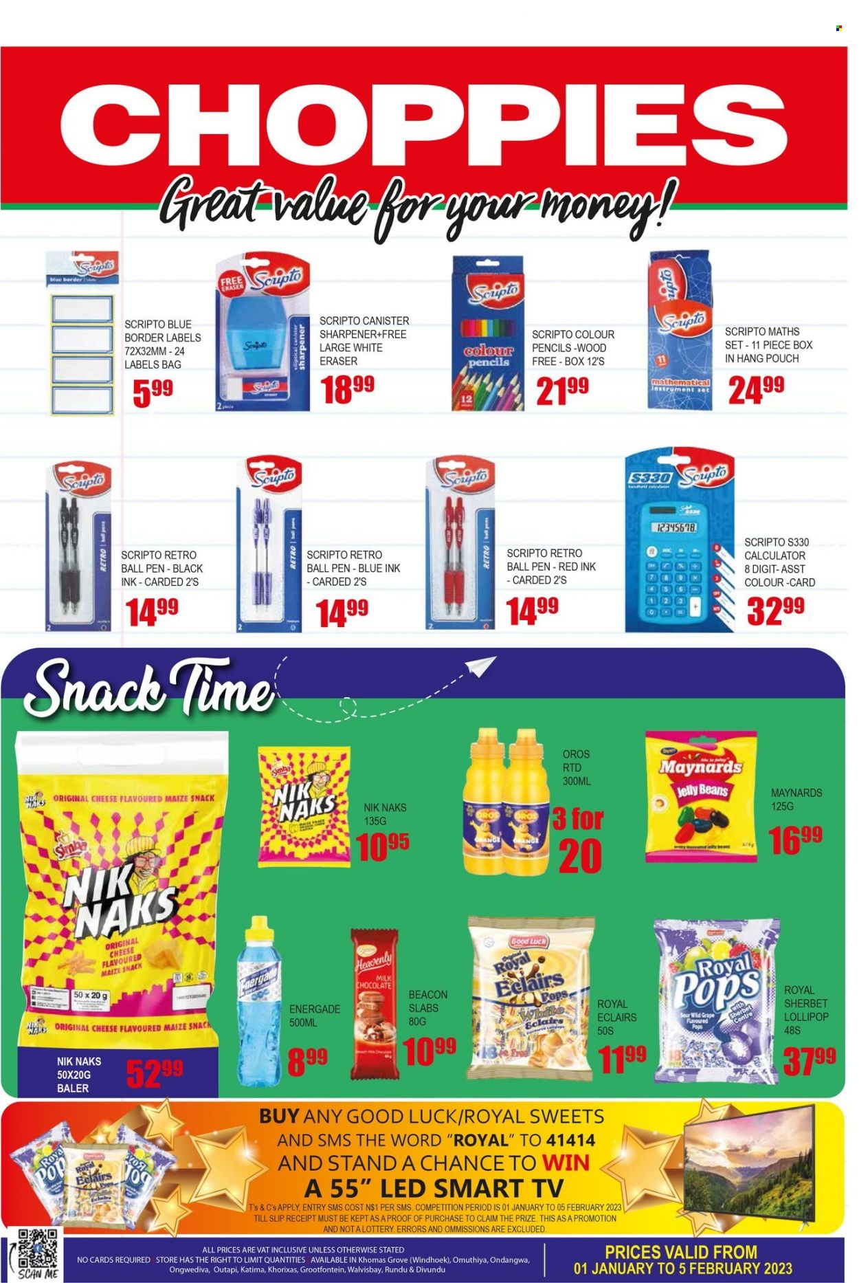 Choppies catalogue  - 01/01/2023 - 05/02/2023 - Sales products - cheese, sherbet, milk chocolate, chocolate, snack, lollipop, jelly beans, maize snack, Simba, Nik Naks, Oros, sharpener, canister. Page 4.