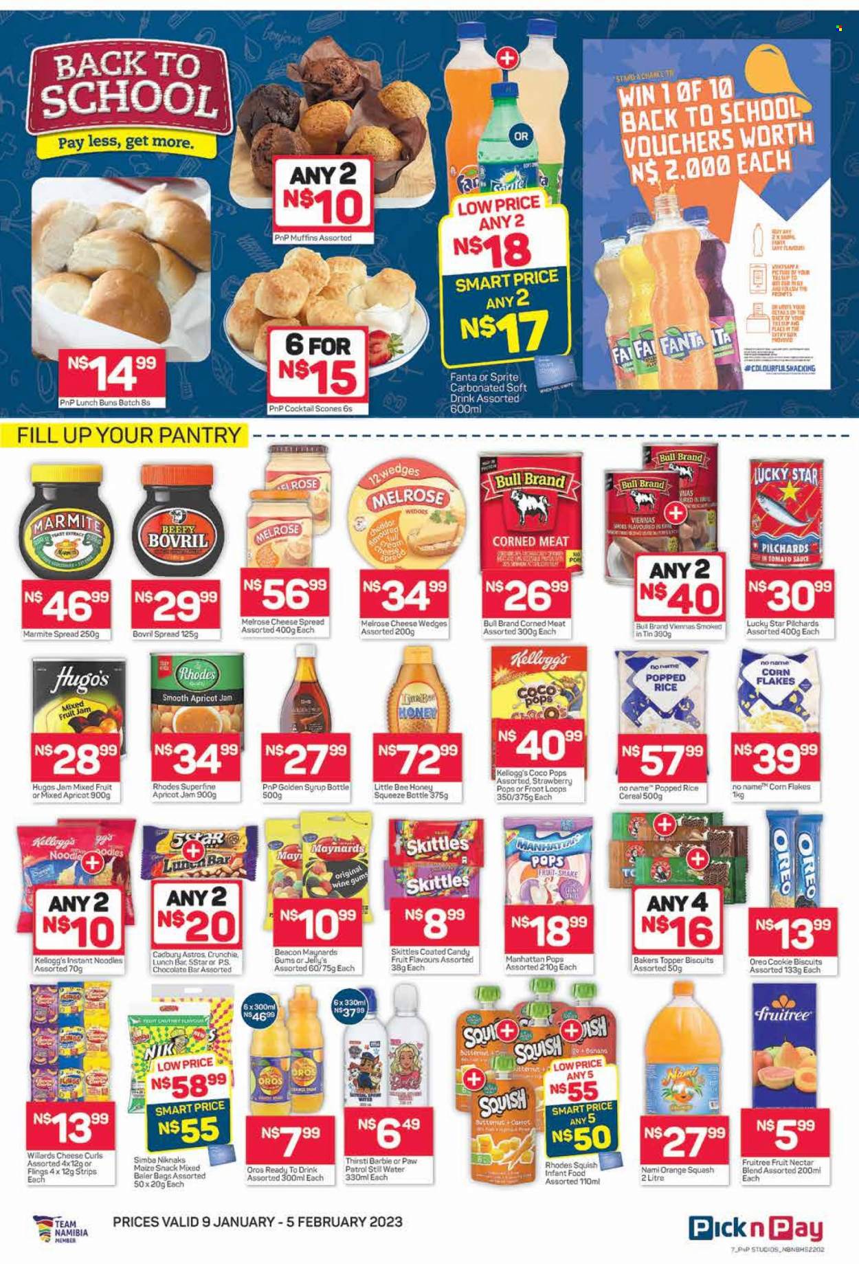 Pick n Pay catalogue  - 09/01/2023 - 05/02/2023 - Sales products - buns, muffin, sardines, No Name, instant noodles, noodles, vienna sausage, cheese spread, Melrose, Oreo, shakes, yeast, strips, Paw Patrol, snack, Kellogg's, biscuit, Cadbury, Skittles, chocolate bar, maize snack, Simba, corned meat, cereals, corn flakes, coco pops, rice, apricot jam, honey, jam, syrup, Sprite, Fanta, fruit nectar, soft drink, Oros, orange squash, mineral water, bottled water, carbonated soft drink, rosé wine, Bakers. Page 7.