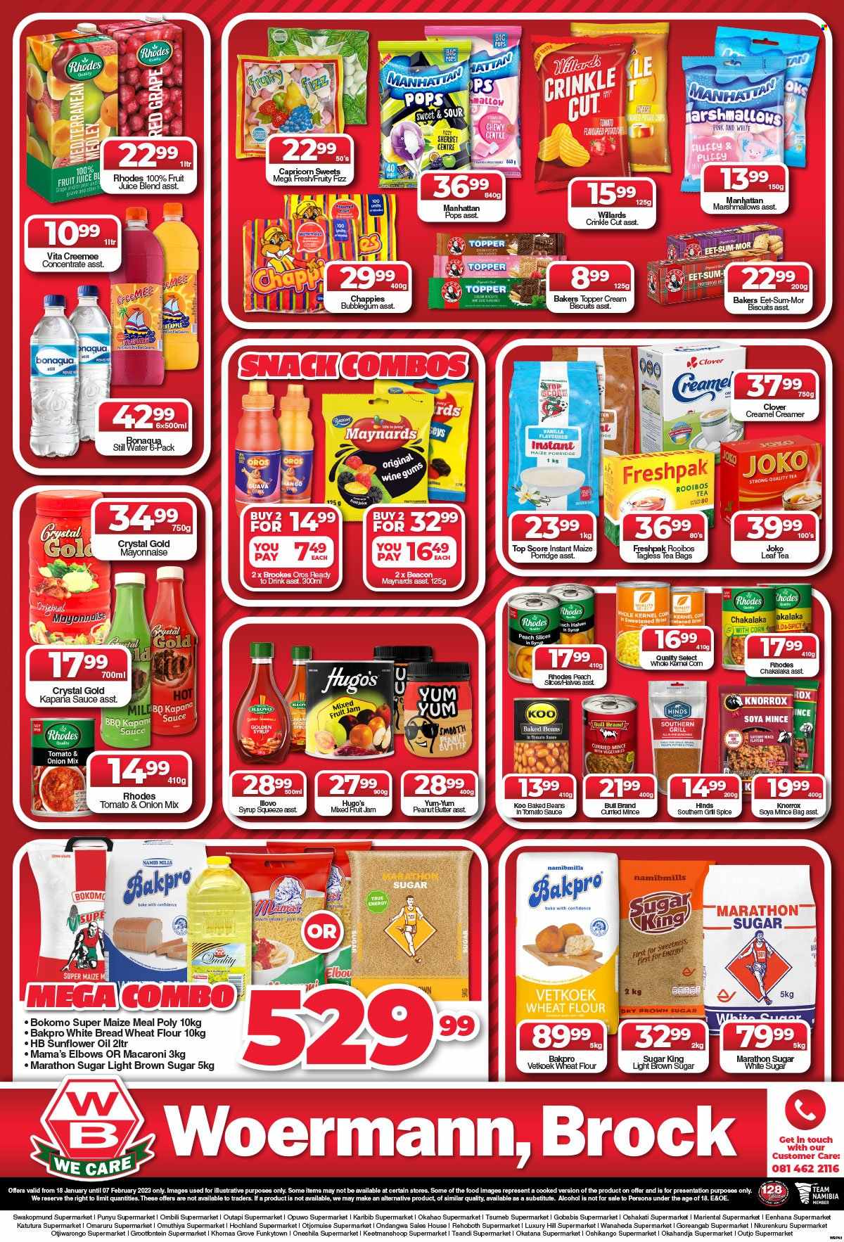 Woermann Brock catalogue  - 18/01/2023 - 07/02/2023 - Sales products - bread, white bread, beans, guava, pears, macaroni, chakalaka, Mama's, cheese, Clover, creamer, mayonnaise, sherbet, marshmallows, snack, bubblegum, biscuit, cane sugar, flour, wheat flour, maize meal, soya mince, Knorrox, baked beans, Koo, porridge, spice, Hinds, sunflower oil, oil, jam, peanut butter, syrup, fruit juice, juice, Oros, mineral water, bottled water, Bonaqua, tea bags, rooibos tea, Joko, alcohol, BIC, Bakers. Page 3.