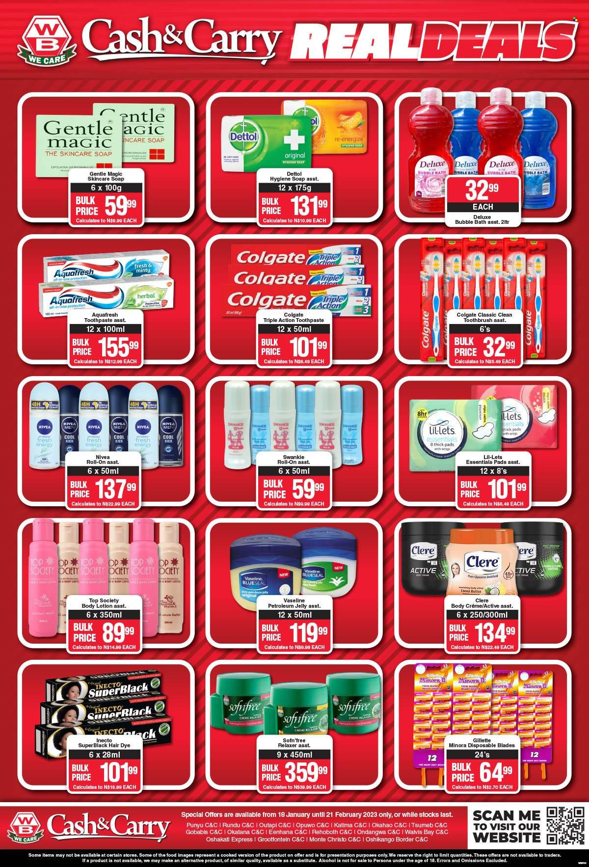 Woermann Brock catalogue  - 18/01/2023 - 21/02/2023 - Sales products - pears, alcohol, Dettol, bubble bath, Nivea, Vaseline, soap, Colgate, toothbrush, toothpaste, Lil-lets, petroleum jelly, Gentle Magic, relaxer, body lotion, Clere, Top Society, roll-on, Swankie, Gillette. Page 5.