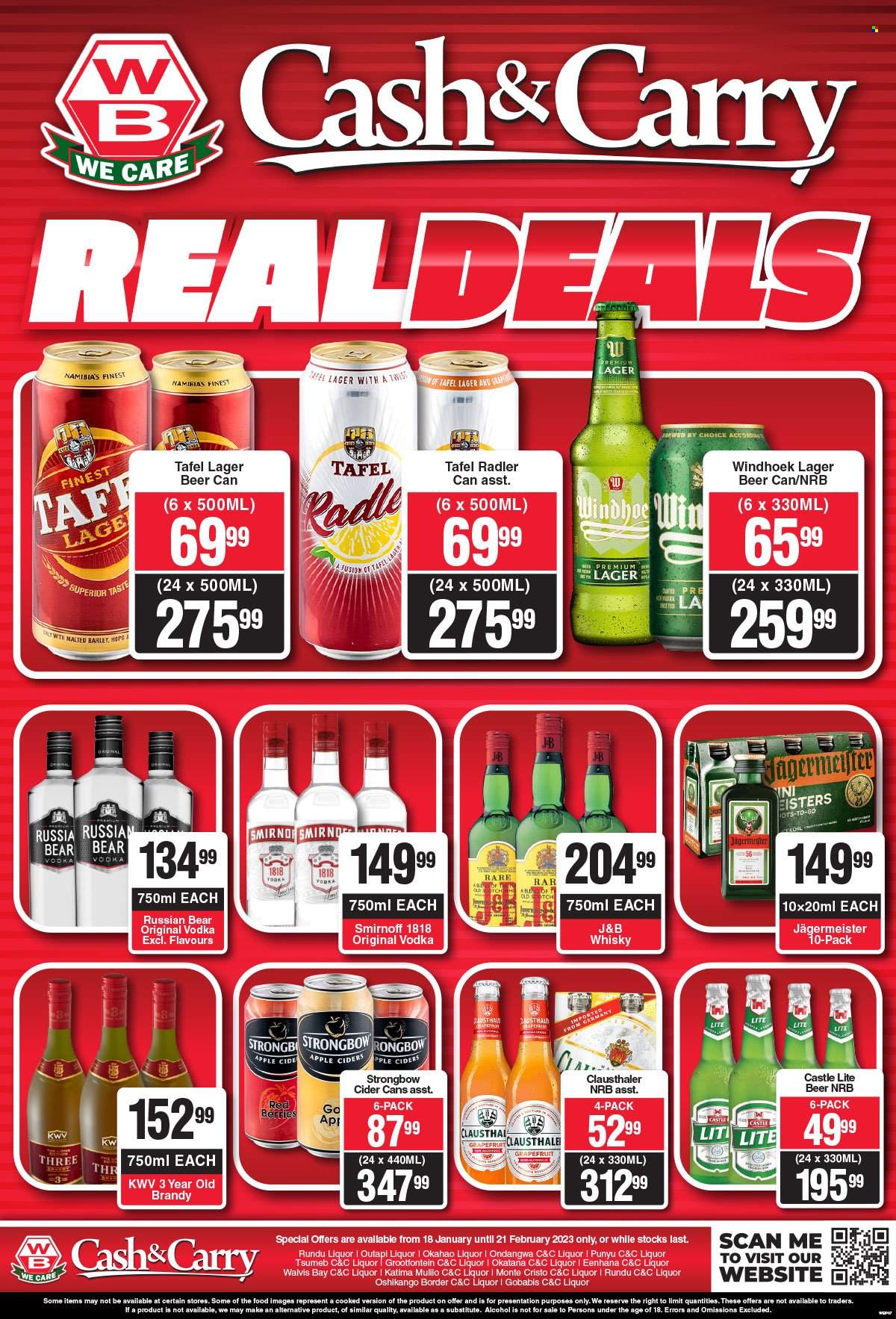 Woermann Brock catalogue  - 18/01/2023 - 21/02/2023 - Sales products - grapefruits, alcohol, KWV, brandy, Smirnoff, vodka, liquor, Jägermeister, Russian Bear, whisky, cider, beer, Castle, Lager, Strongbow. Page 7.
