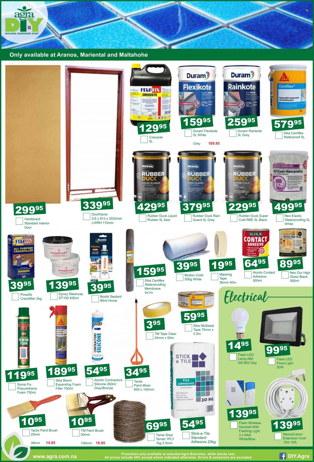 Agra catalogue  - 19/01/2023 - 20/02/2023 - Sales products - paint brush, eraser, masking tape, paint mixer, Duram, lamp, floodlight, extension cord. Page 5.