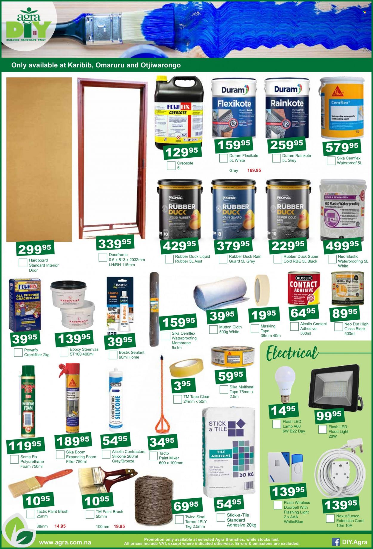 Agra catalogue  - 19/01/2023 - 20/02/2023 - Sales products - paint brush, eraser, masking tape, paint mixer, Duram, lamp, floodlight, extension cord. Page 9.
