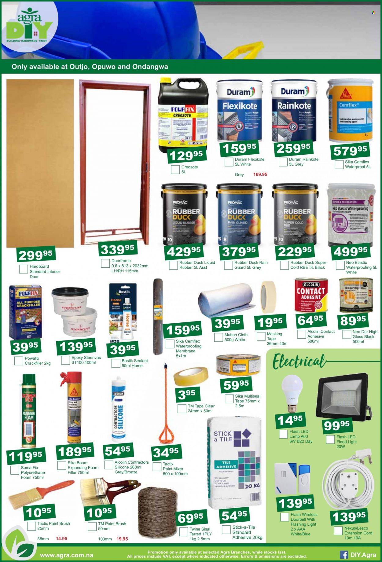 Agra catalogue  - 19/01/2023 - 20/02/2023 - Sales products - paint brush, eraser, masking tape, paint mixer, Duram, lamp, floodlight, extension cord. Page 11.