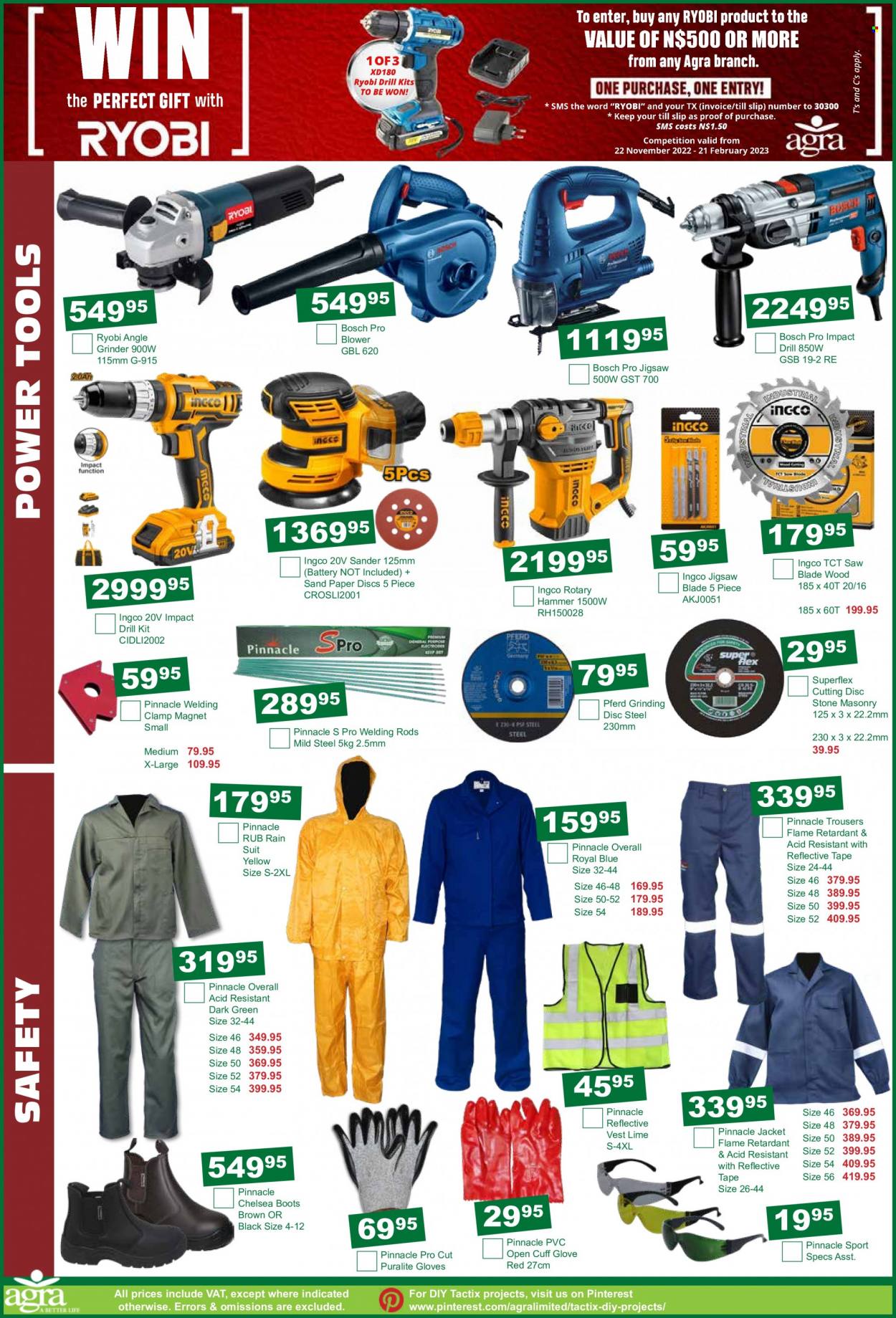 Agra catalogue  - 19/01/2023 - 20/02/2023 - Sales products - boots, paper, battery, vest, drill, power tools, Ryobi, grinder, saw, angle grinder, welding rods. Page 10.