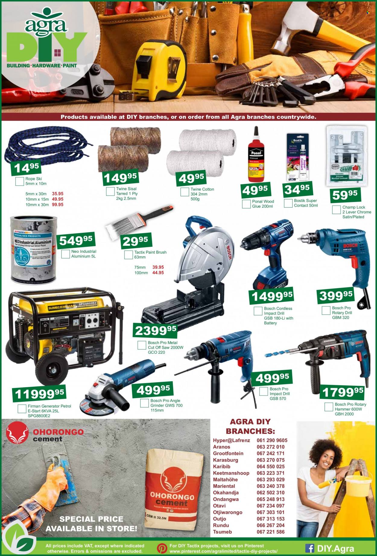 Agra catalogue  - 19/01/2023 - 20/02/2023 - Sales products - paint brush, glue, Bosch, grinder, saw, angle grinder, generator. Page 12.