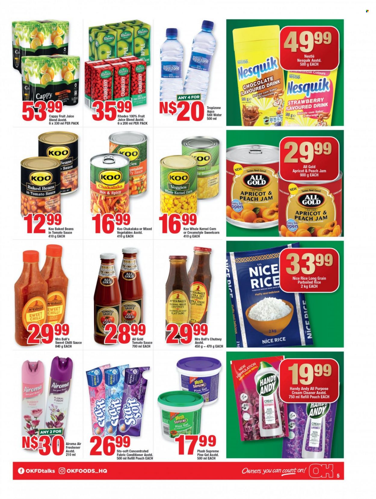 OK catalogue  - 20/01/2023 - 05/02/2023 - Sales products - beans, corn, orange, chakalaka, Nesquik, mixed vegetables, Nestlé, baked beans, Koo, rice, parboiled rice, chilli sauce, chutney, sweet chilli sauce, jam, fruit juice, juice, mineral water, bottled water, rosé wine. Page 5.