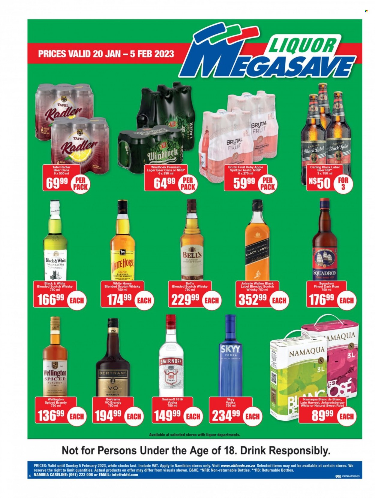 OK catalogue  - 20/01/2023 - 05/02/2023 - Sales products - wine, rosé wine, brandy, rum, Smirnoff, vodka, liquor, Johnny Walker, SKYY, scotch whisky, whisky, beer, Carling, Lager. Page 3.