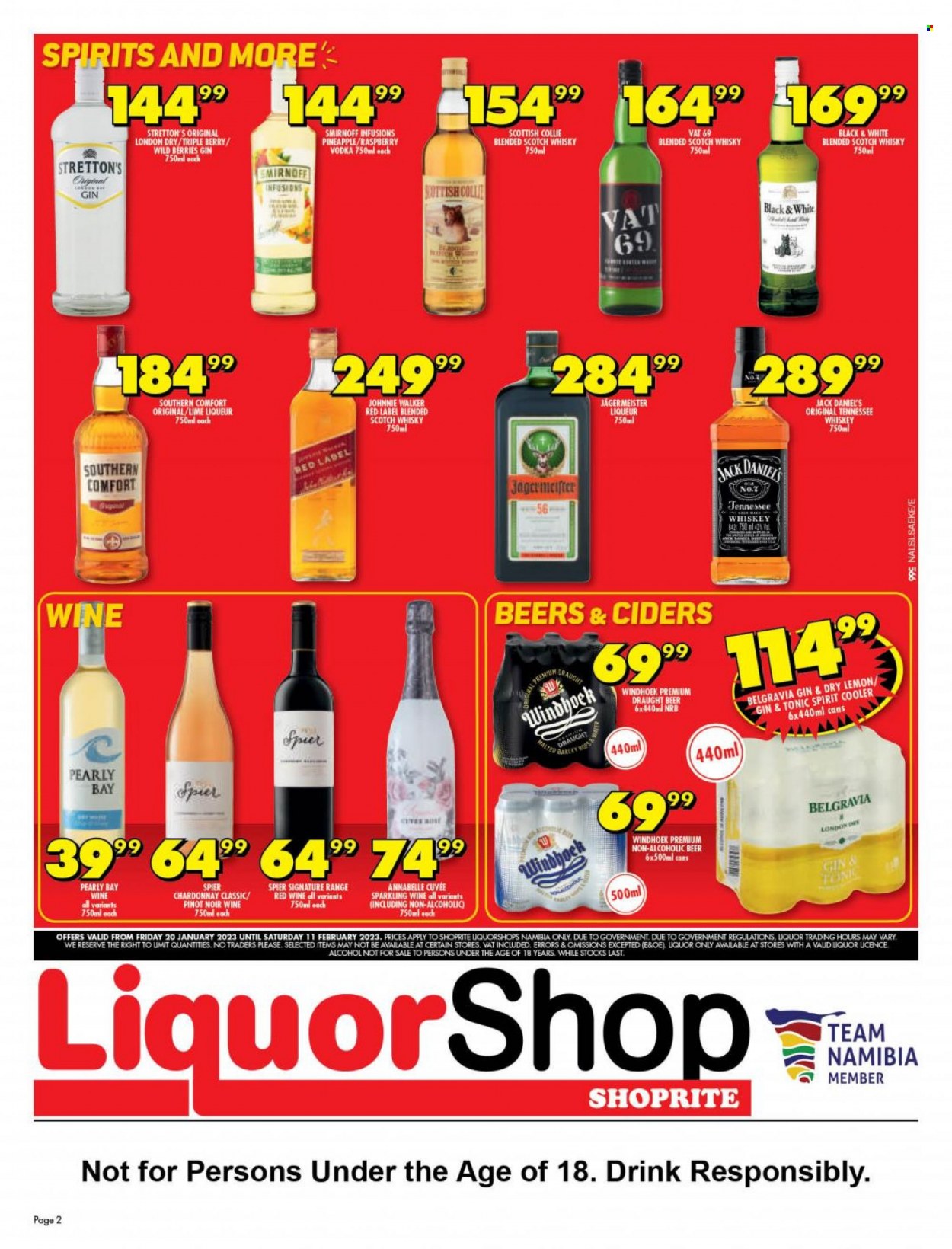 Shoprite catalogue  - 20/01/2023 - 11/02/2023 - Sales products - pineapple, Jack Daniel's, tonic, red wine, sparkling wine, white wine, Chardonnay, wine, Pinot Noir, Cuvée, alcohol, gin, liqueur, Smirnoff, Tennessee Whiskey, vodka, whiskey, liquor, Johnny Walker, Jägermeister, Vat 69, Belgravia, scotch whisky, whisky, beer. Page 2.