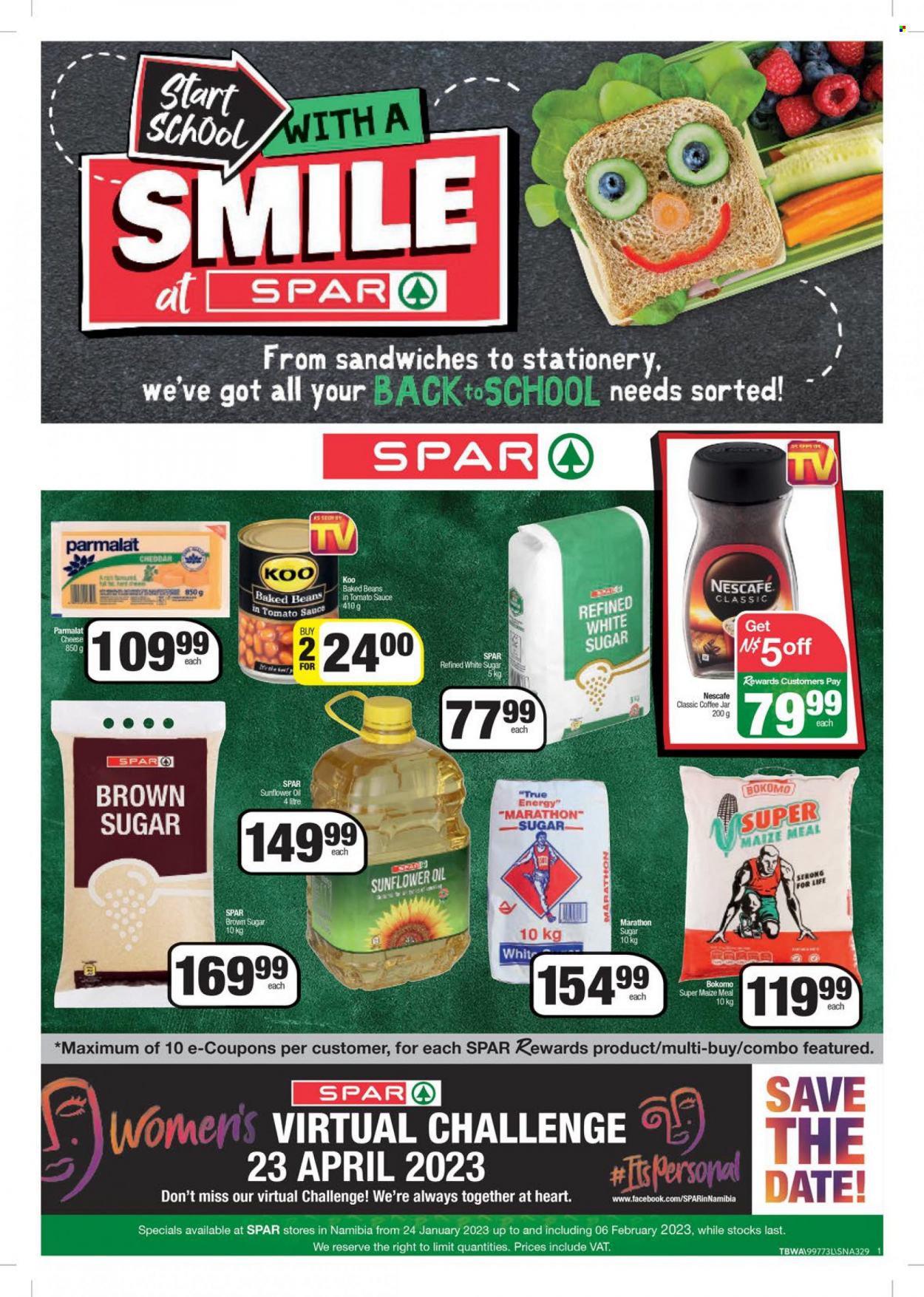 SPAR catalogue  - 24/01/2023 - 06/02/2023 - Sales products - sandwich, cheddar, cheese, Parmalat, cane sugar, maize meal, baked beans, Koo, sunflower oil, oil, coffee, Nescafé. Page 1.