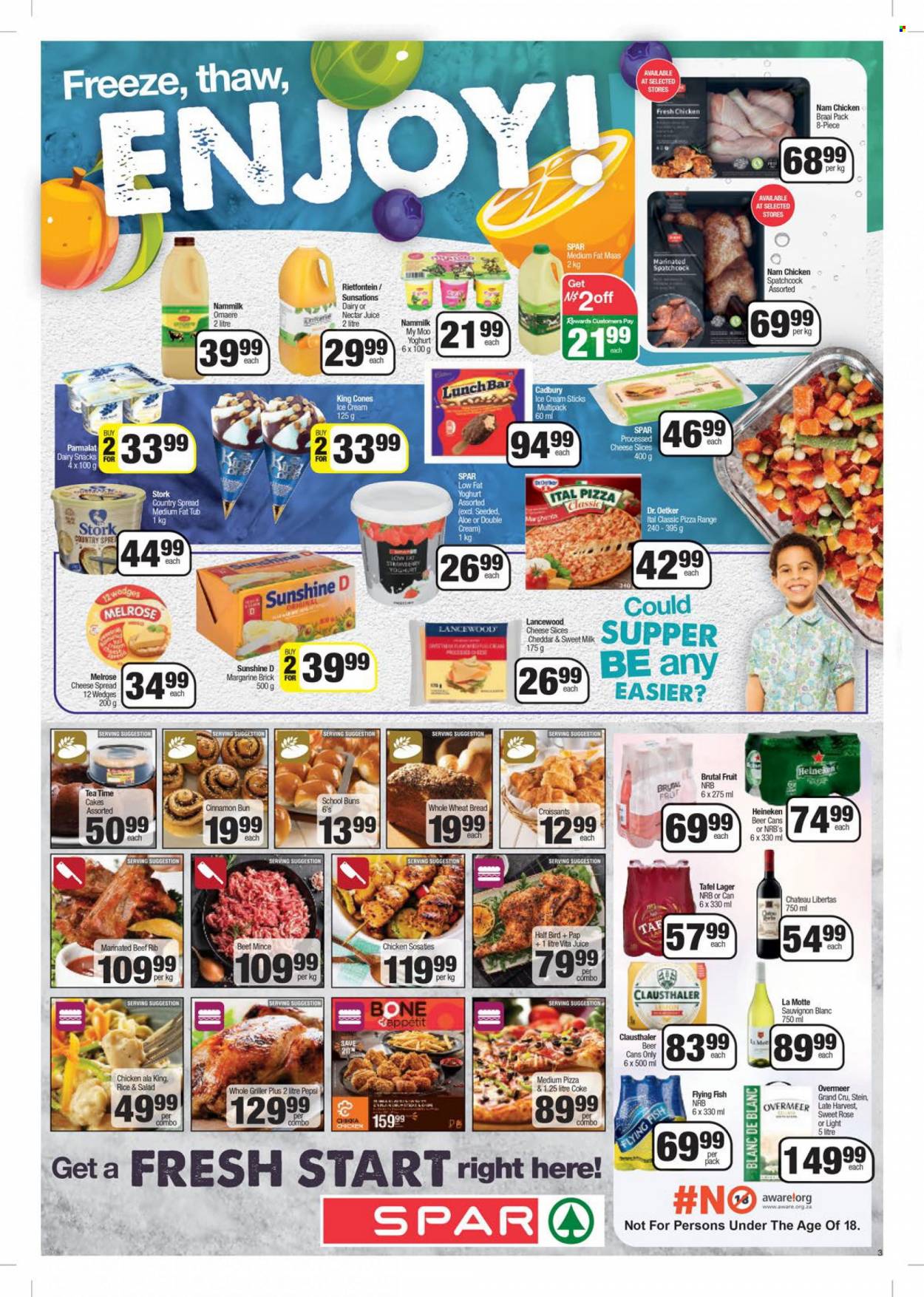 SPAR catalogue  - 24/01/2023 - 06/02/2023 - Sales products - wheat bread, croissant, buns, fish, pizza, cheese spread, sliced cheese, cheddar, Dr. Oetker, Lancewood, Melrose, yoghurt, Parmalat, milk, amasi, margarine, Sunshine, ice cream, Ital Pizza, snack, Cadbury, rice, Coca-Cola, Pepsi, juice, tea, white wine, Sauvignon Blanc, rosé wine, beer, Heineken, Lager, spatchcock chicken, beef meat, ground beef, marinated beef. Page 3.