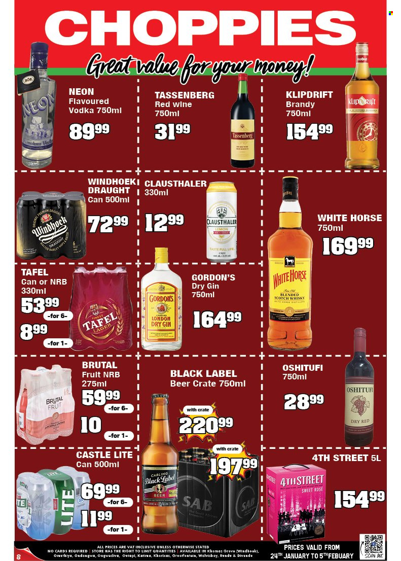 Choppies catalogue  - 24/01/2023 - 05/02/2023 - Sales products - red wine, wine, rosé wine, brandy, gin, vodka, Gordon's, Klipdrift, whisky, beer, Carling, Castle, Lager, crate. Page 8.