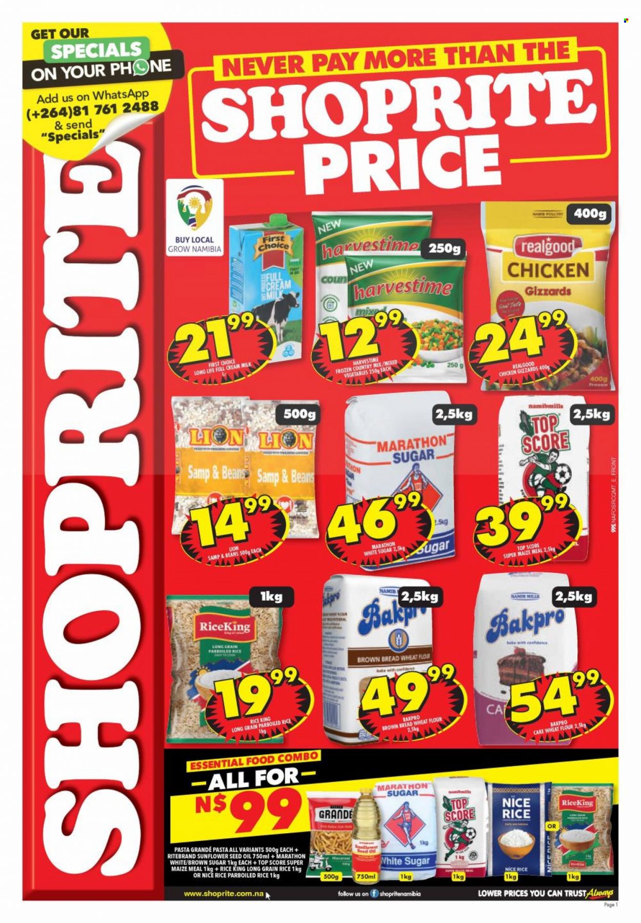 Shoprite catalogue  - 05/06/2023 - 18/06/2023 - Sales products - bread, brown bread, beans, mixed vegetables, pasta, Harvestime, cane sugar, flour, wheat flour, maize meal, cake flour, rice, parboiled rice, Pasta Grandé, long grain rice, sunflower oil, oil, chicken gizzards, chicken. Page 1.