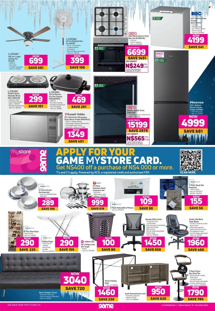 Game catalogue  - 15/06/2023 - 29/06/2023 - Sales products - chair, Trust, cookware set, dinnerware set, pan, cushion, linens, pillow, towel, Hisense, freezer, chest freezer, refrigerator, fridge, oven, stove, microwave, hob, two plate stove, Russell Hobbs, sofa bed, couch, basket. Page 3.