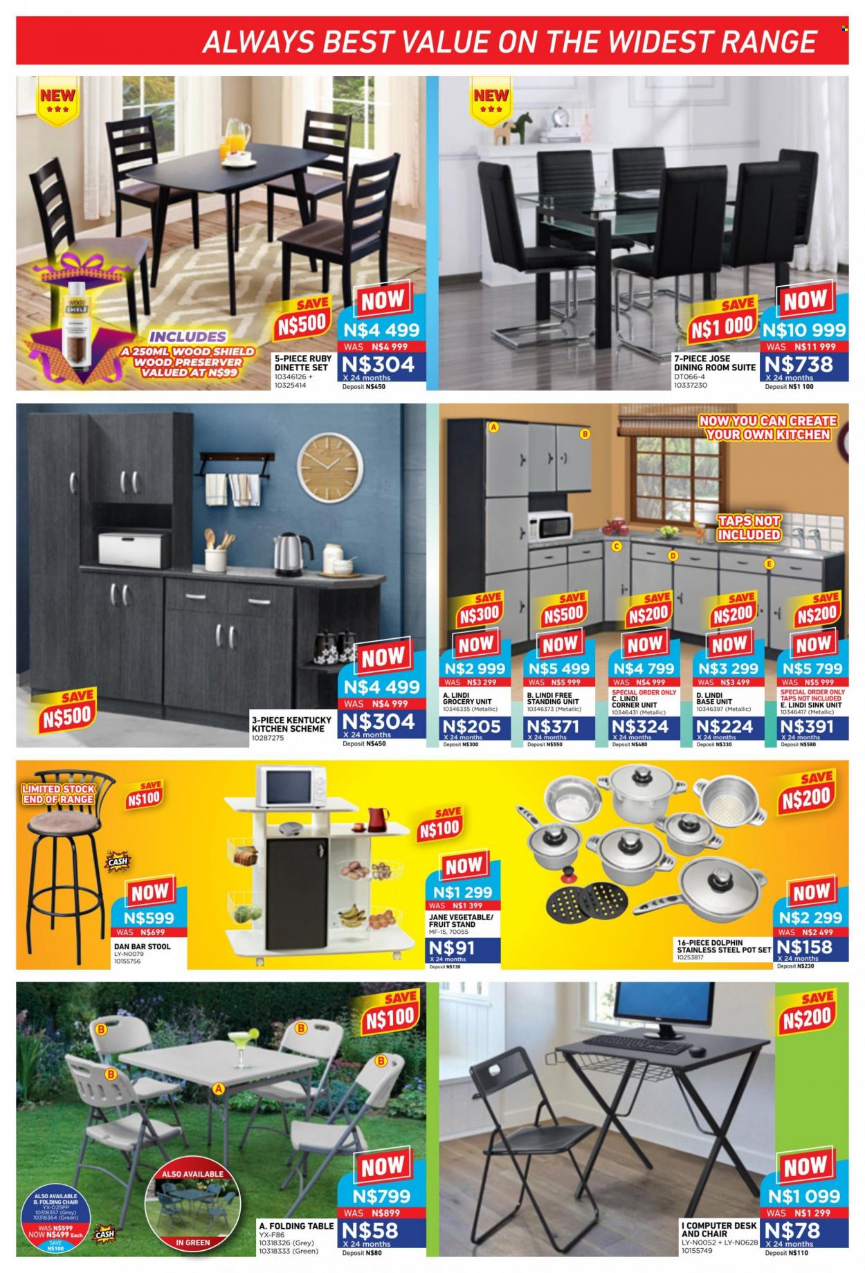 Furnmart catalogue  - 19/06/2023 - 15/07/2023 - Sales products - kitchen scheme, table, dining room suite, stool, chair, bar stool, desk, folding table, folding chair, computer. Page 5.