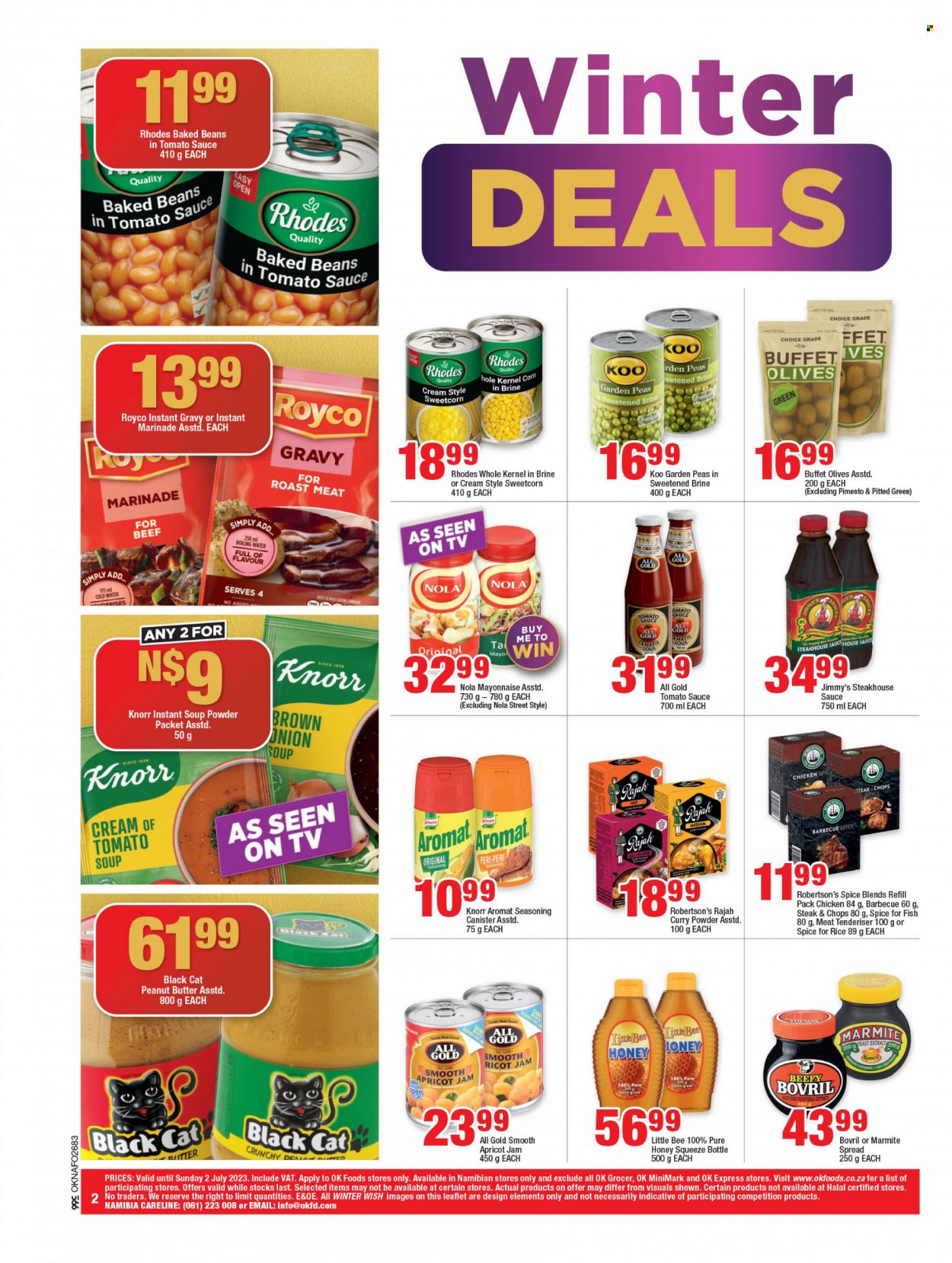 OK catalogue  - 20/06/2023 - 02/07/2023 - Sales products - fish, tomato soup, onion soup, condensed soup, soup, Knorr, instant soup, roast, mayonnaise, olives, baked beans, Koo, rice, spice, curry powder, marinade, yeast extract, Marmite, apricot jam, honey, fruit jam, peanut butter, water, chicken, steak. Page 2.