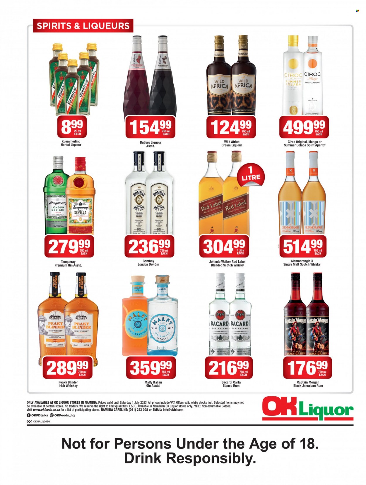 OK catalogue  - 20/06/2023 - 01/07/2023 - Sales products - alcohol, Bacardi, Captain Morgan, gin, liqueur, rum, whiskey, irish whiskey, Johnnie Walker, herbal liqueur, Cîroc, Wild Africa, scotch whisky, whisky, aperitif. Page 3.