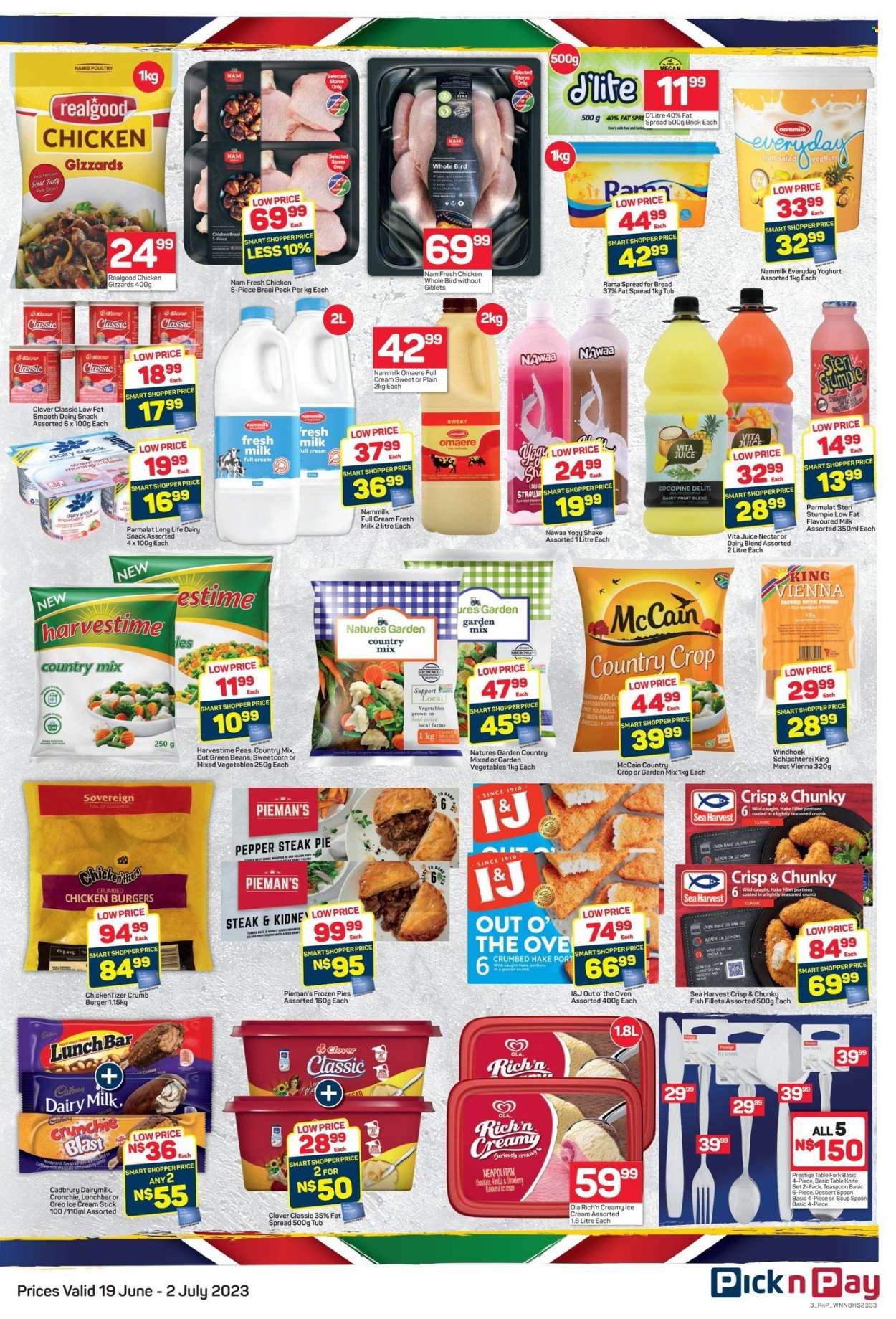 Pick n Pay catalogue  - 19/06/2023 - 02/07/2023 - Sales products - bread, pie, Piemans, dessert, beans, broccoli, green beans, mixed vegetables, snack, salad, fish fillets, hake, fish, Sea Harvest, hake fillet, soup, hamburger, Out o' the Oven, Oreo, Parmalat, flavoured milk, Steri Stumpie, dairy blend, shake, fat spread, Rama, ice cream, Ola, Natures Garden, Harvestime, McCain, frozen pies, Cadbury, Dairy Milk, fruit salad, juice, whole chicken, chicken gizzards, chicken, steak, table. Page 3.