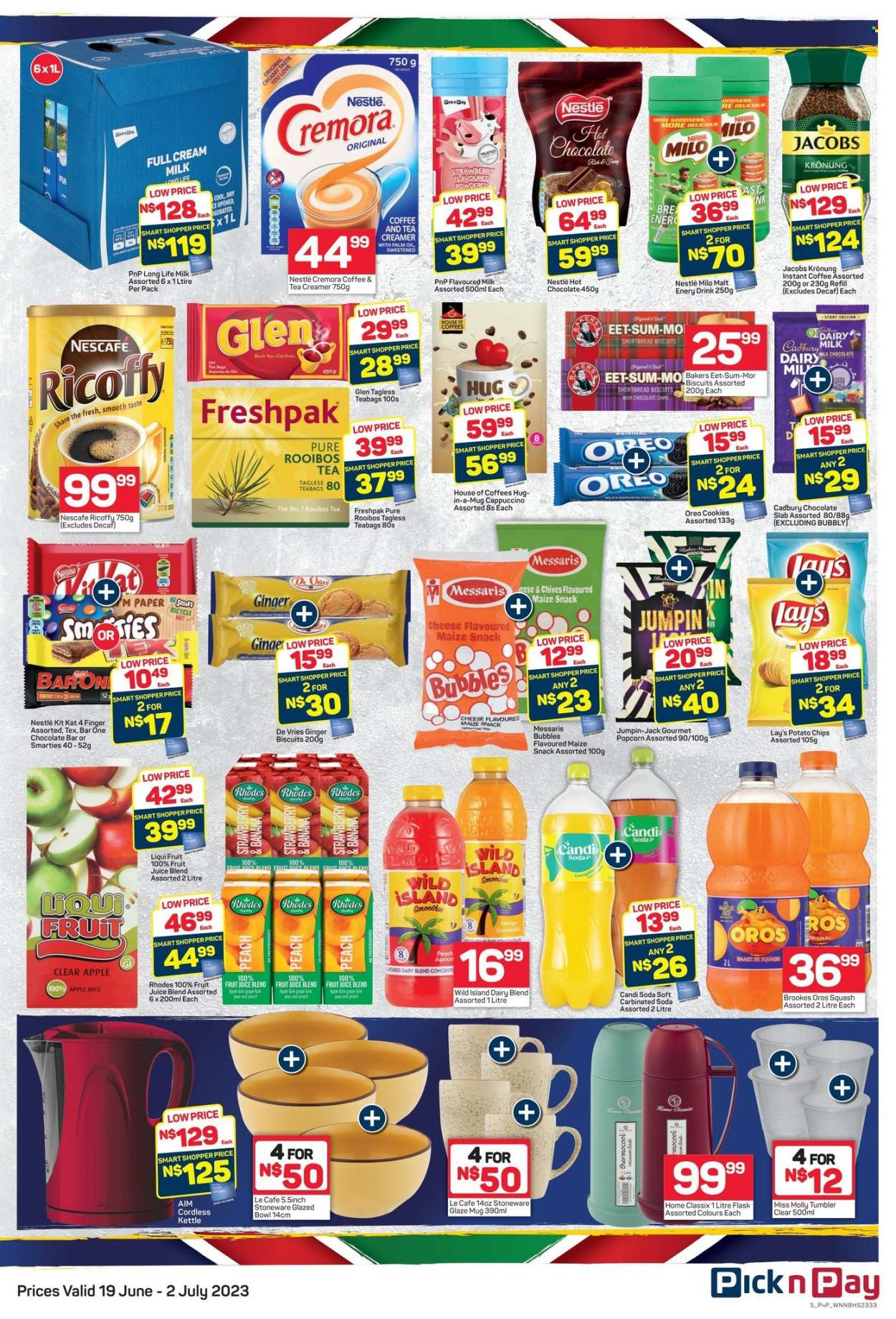 Pick n Pay catalogue  - 19/06/2023 - 02/07/2023 - Sales products - tart, ginger, snack, chives, mango, Oreo, flavoured milk, long life milk, Milo, dairy blend, creamer, coffee and tea creamer, cookies, Nestlé, KitKat, Smarties, biscuit, Cadbury, chocolate bar, potato chips, Lay’s, maize snack, popcorn, Cremora, malt, oil, apple juice, fruit juice, juice, Oros, smoothie, soda, hot chocolate, tea bags, rooibos tea, cappuccino, coffee, instant coffee, Jacobs, Ricoffy, Nescafé, Jacobs Krönung, Bakers. Page 5.