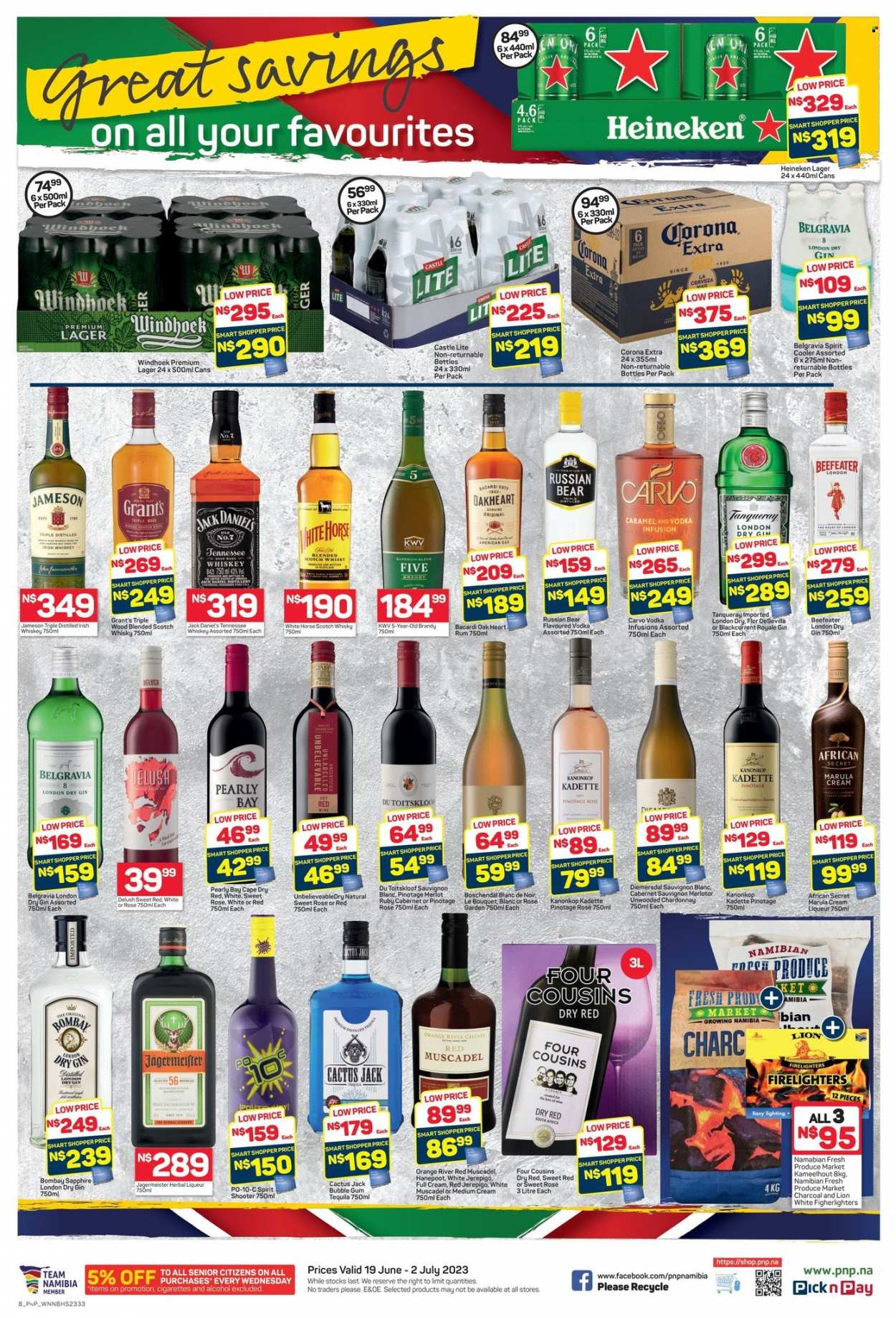 Pick n Pay catalogue  - 19/06/2023 - 02/07/2023 - Sales products - oranges, Jack Daniel's, bubblegum, Cabernet Sauvignon, red wine, white wine, Chardonnay, wine, Merlot, alcohol, KWV, Kanonkop Kadette, Diemersdal, Sauvignon Blanc, Bacardi, brandy, gin, liqueur, rum, Tennessee Whiskey, tequila, vodka, whiskey, irish whiskey, Jameson, herbal liqueur, Grant's, Beefeater, Jägermeister, Russian Bear, Belgravia, scotch whisky, whisky, beer, Corona, Heineken, Lager. Page 8.