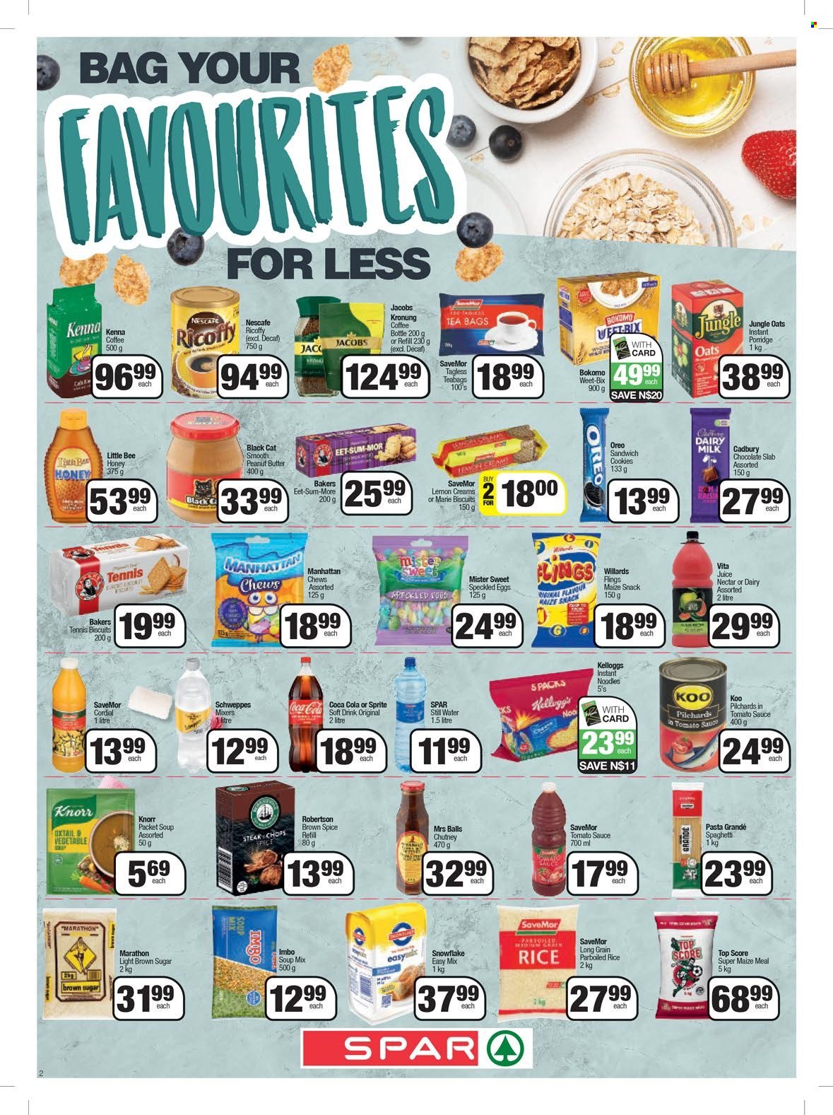 SPAR catalogue  - 20/06/2023 - 09/07/2023 - Sales products - snack, sardines, spaghetti, soup mix, soup, pasta, instant noodles, Knorr, noodles, cheese, Oreo, eggs, sandwich cookies, cookies, chocolate, cereal bar, chewing gum, Kellogg's, biscuit, Cadbury, Dairy Milk, maize snack, cane sugar, oats, maize meal, Koo, Weet-Bix, porridge, instant porridge, jungle oats, rice, parboiled rice, Pasta Grandé, spice, chutney, honey, Coca-Cola, Schweppes, Sprite, juice, soft drink, water, tea bags, coffee, Jacobs, Ricoffy, Nescafé, Jacobs Krönung, beef meat, oxtail, steak. Page 2.