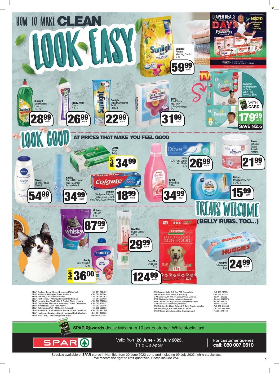 SPAR catalogue  - 20/06/2023 - 09/07/2023 - Sales products - hake, Dove, Purity, wipes, Huggies, Pampers, pants, baby wipes, nappies, toilet paper, Dettol, fabric conditioner, laundry powder, Sunlight, dishwashing liquid, shower gel, Nivea, bath foam, soap, Colgate, toothpaste, sanitary pads, Lil-lets. Page 5.