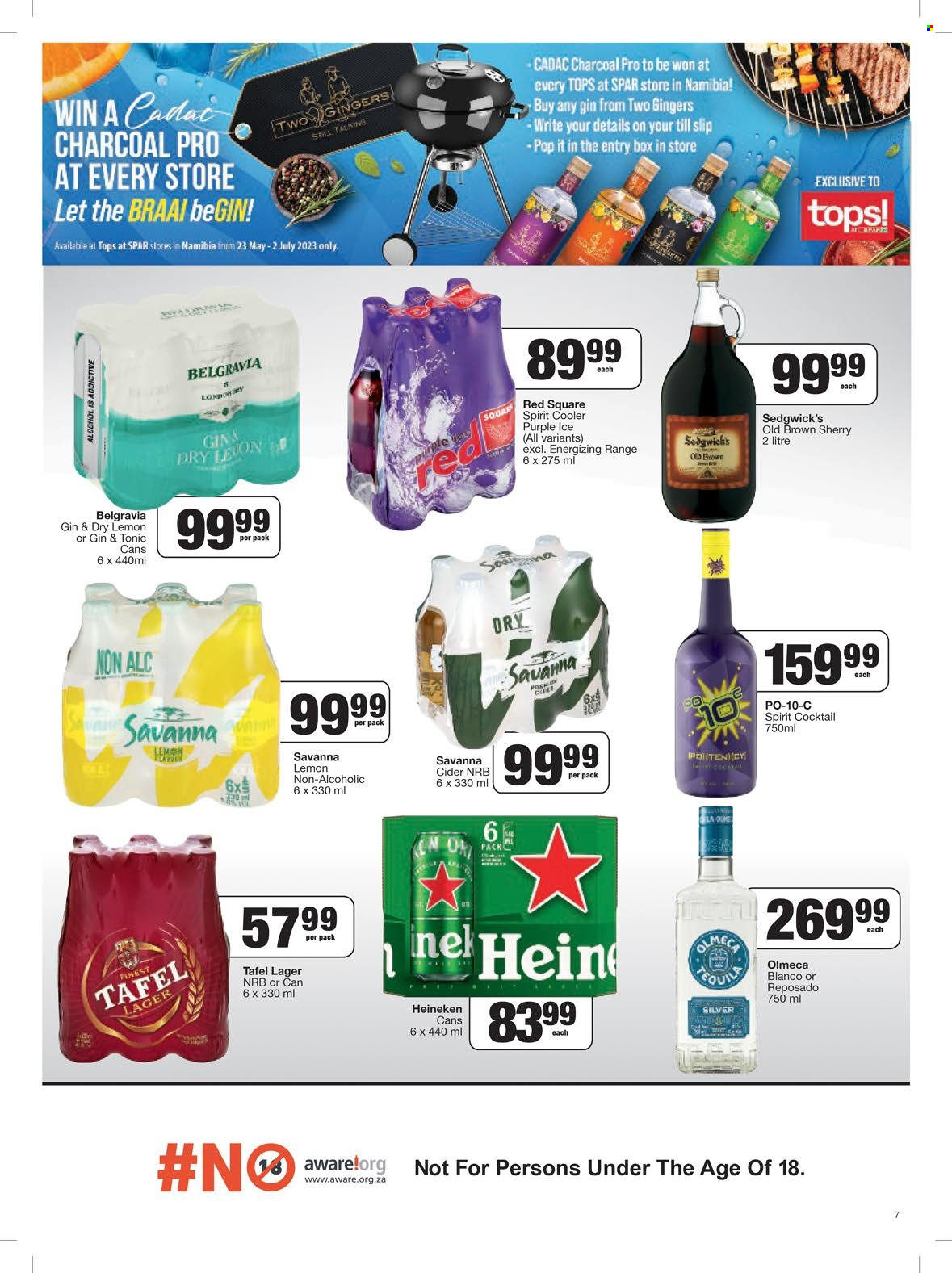 SPAR catalogue  - 20/06/2023 - 09/07/2023 - Sales products - alcohol, sherry, Olmeca, Belgravia, Red Square, gin & tonic, cider, cocktail, beer, Heineken, Lager, braai, charcoal. Page 7.