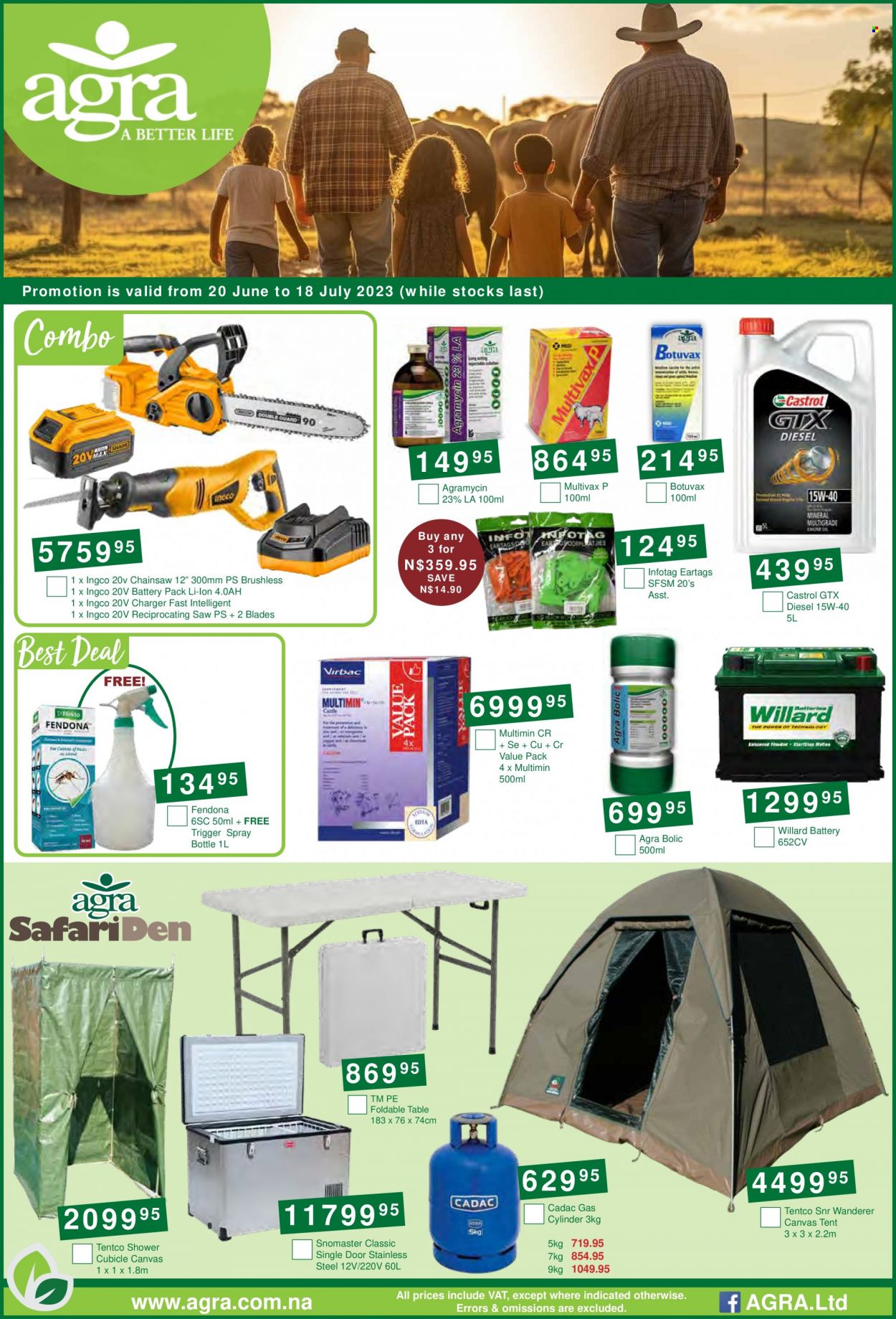 Agra catalogue  - 20/06/2023 - 18/07/2023 - Sales products - Willard, canvas, door, chain saw, saw, reciprocating saw, table, gas cylinder, Castrol, tent. Page 1.