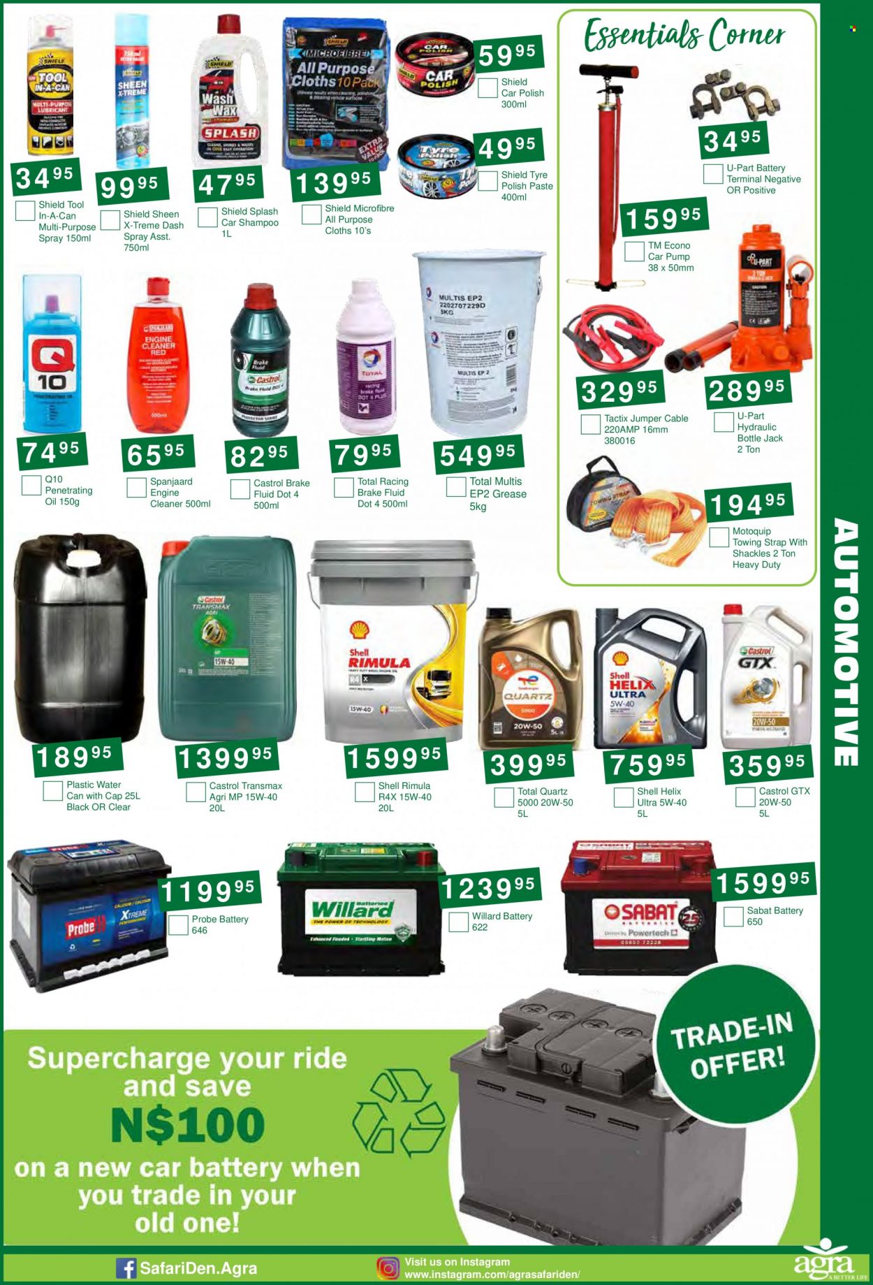 Agra catalogue  - 20/06/2023 - 18/07/2023 - Sales products - Willard, battery, polish, strap, pump, engine cleaner, car shampoo, cleaner, Shell, Castrol, brake fluid, Total Quartz. Page 3.