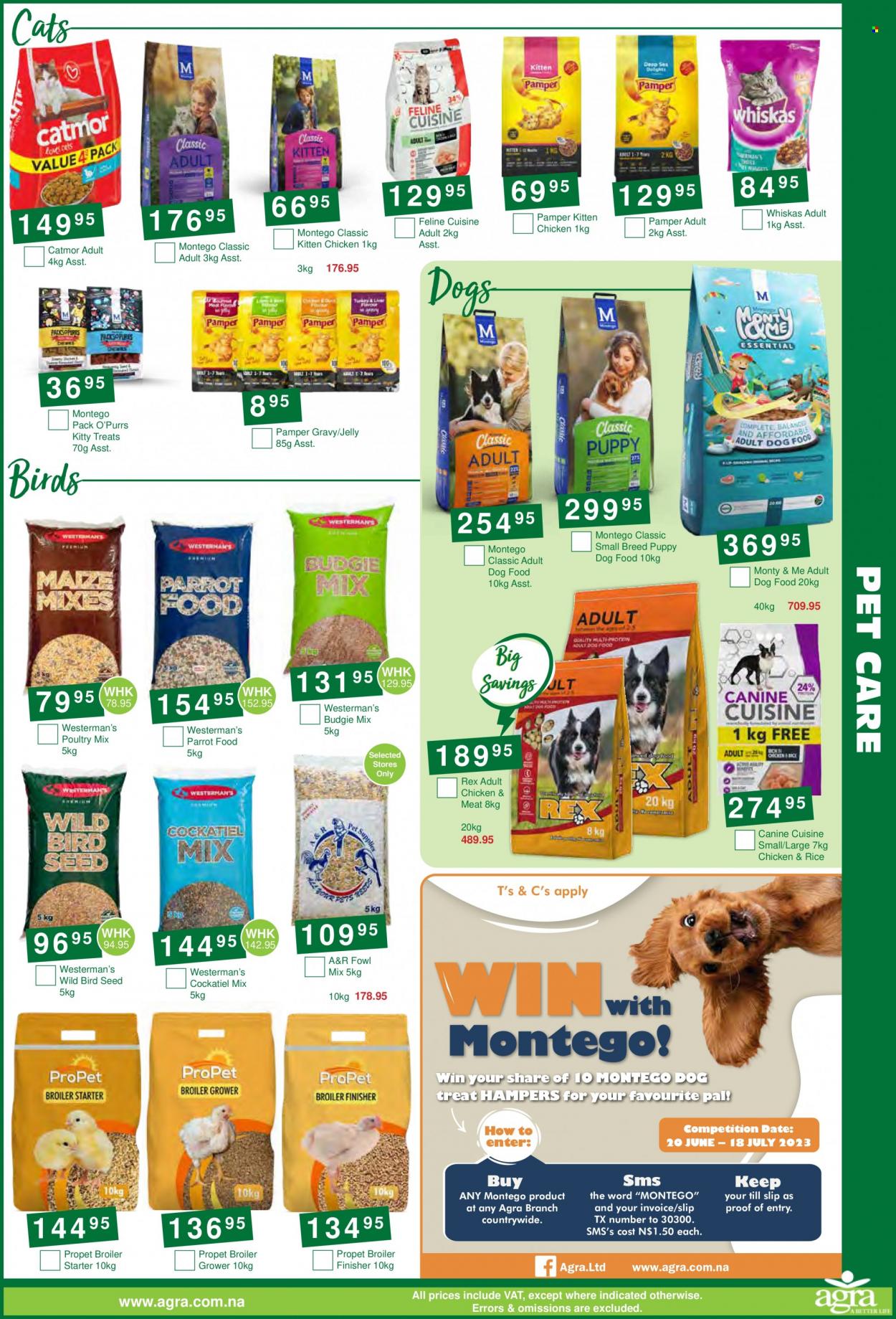 Agra catalogue  - 20/06/2023 - 18/07/2023 - Sales products - animal food, bird food, dog food, Whiskas, Pamper, starter, Parrot. Page 5.