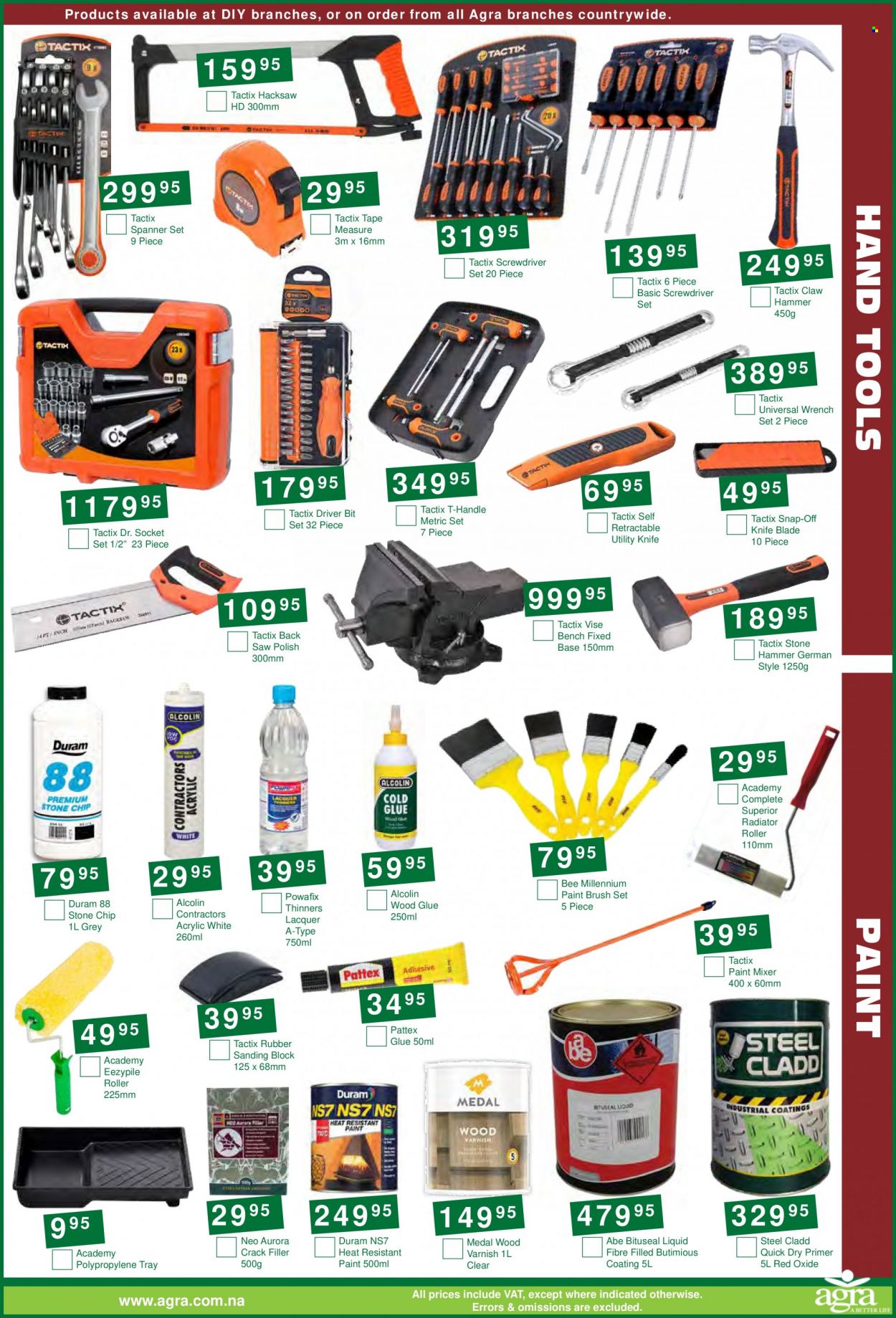 Agra catalogue  - 20/06/2023 - 18/07/2023 - Sales products - paint brush, eraser, glue, roller, brush set, paint mixer, polish, Duram, Medal, screwdriver, hammer, wrench, saw, hacksaw, socket set, spanner, wrench set, claw hammer, screwdriver set, hand tools, measuring tape, utility knife, bit set. Page 11.