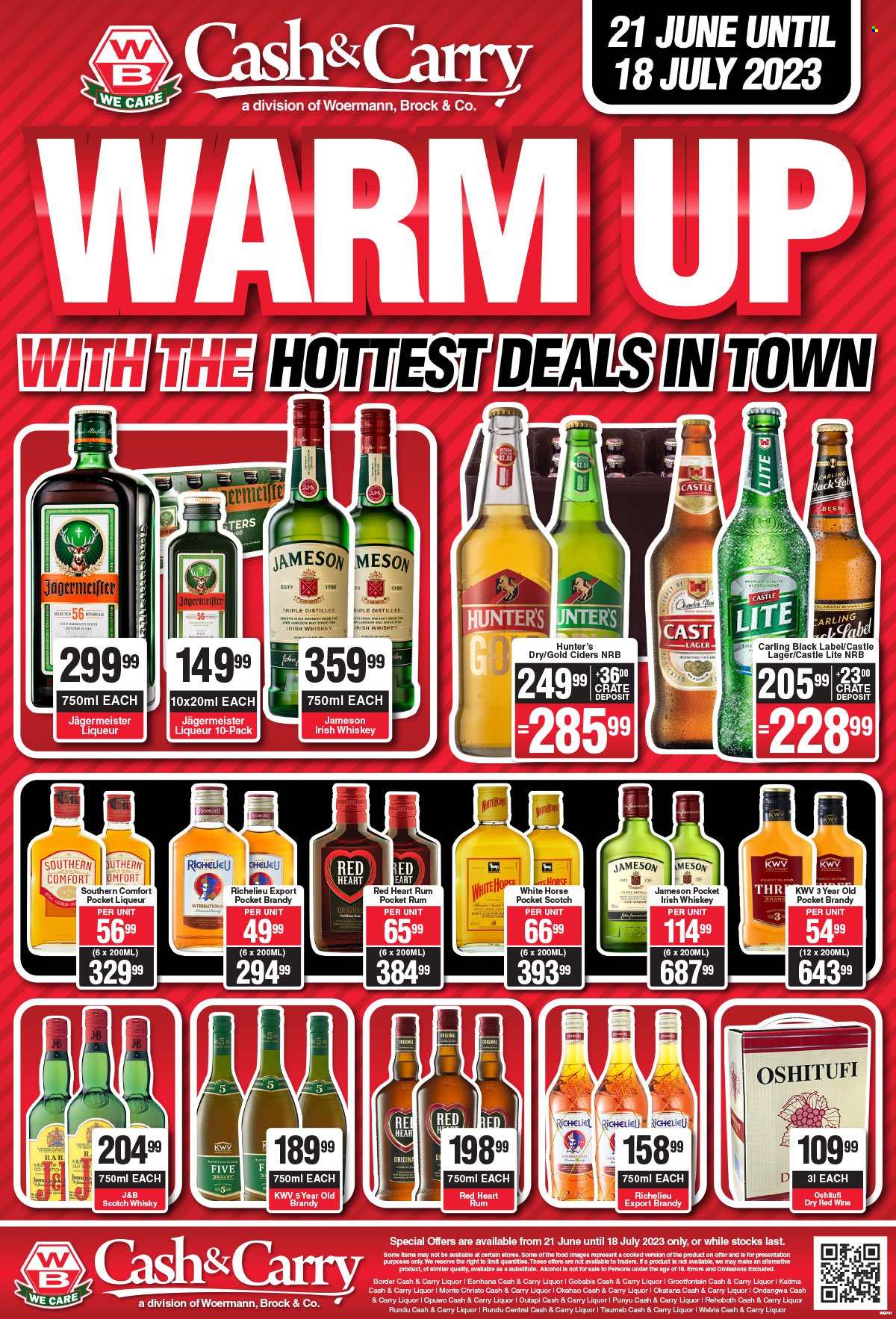 Woermann Brock catalogue  - 21/06/2023 - 18/07/2023 - Sales products - red wine, wine, alcohol, KWV, brandy, liqueur, rum, whiskey, irish whiskey, Jameson, liquor, Richelieu, Jägermeister, Red Heart, Hunter's Dry, scotch whisky, whisky, beer, Carling, Castle, Lager. Page 1.