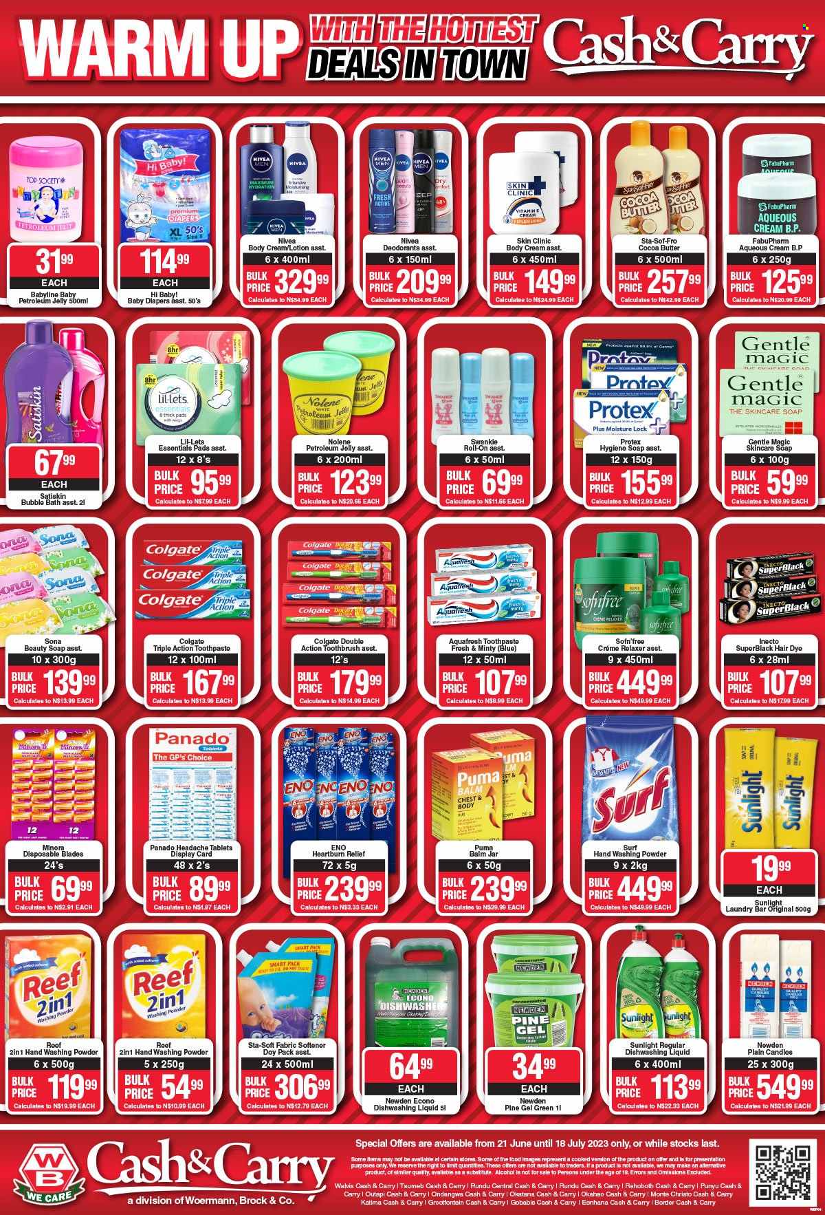 Woermann Brock catalogue  - 21/06/2023 - 18/07/2023 - Sales products - alcohol, nappies, fabric softener, laundry powder, laundry soap bar, Sunlight, Surf, dishwashing liquid, bubble bath, Nivea, Protex, Satiskin, Nivea Men, Colgate, toothbrush, toothpaste, Lil-lets, petroleum jelly, Gentle Magic, relaxer, Top Society, roll-on, deodorant, Swankie. Page 6.