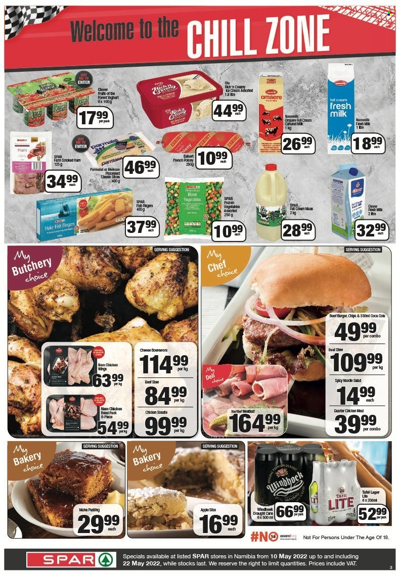 SPAR catalogue  - 10/05/2022 - 22/05/2022 - Sales products - salad, fish, fish fingers, fish sticks, hamburger, beef burger, ham, smoked ham, yoghurt, Clover, milk, amasi, Ola, chips, beer, Lager. Page 3.