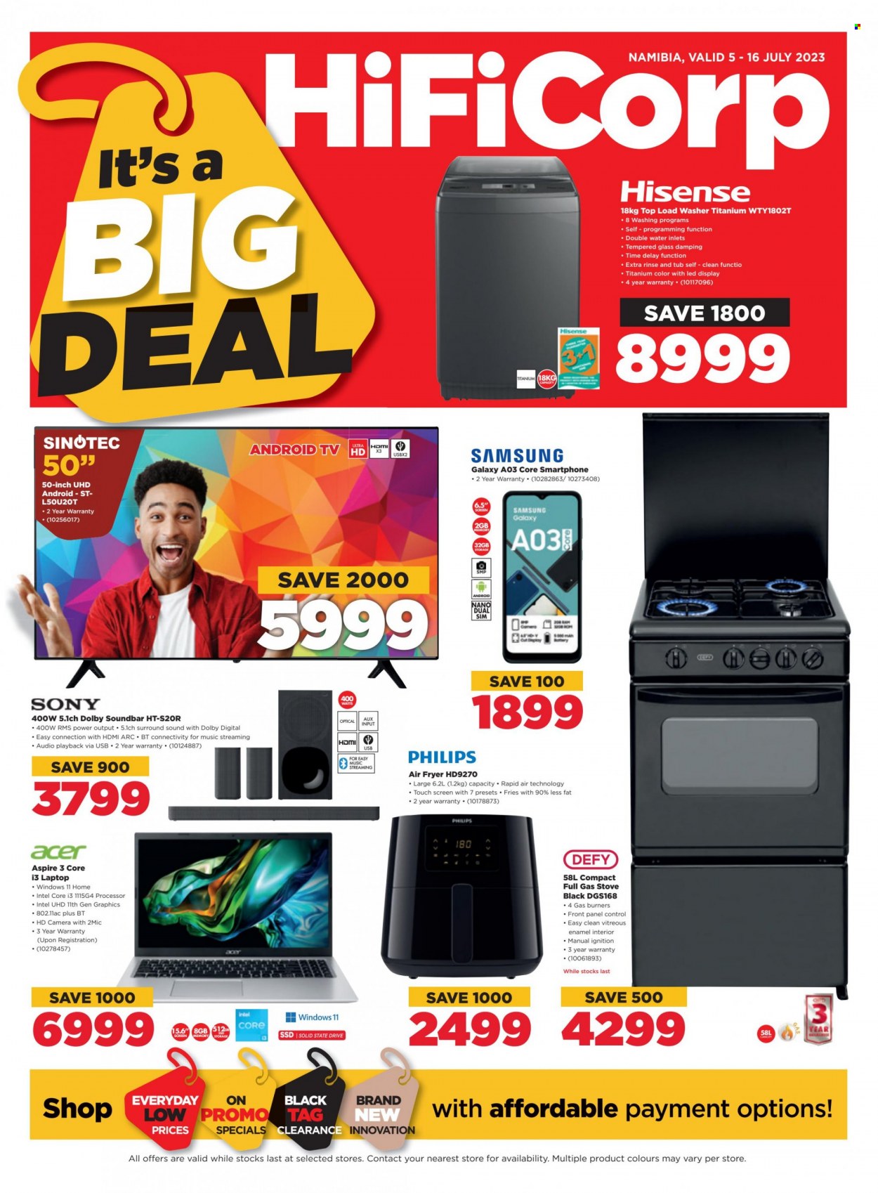 HiFiCorp catalogue  - 05/07/2023 - 16/07/2023 - Sales products - Philips, Intel, Acer, Samsung Galaxy, Sony, Samsung, Hisense, smartphone, laptop, camera, Android TV, smart tv, TV, SINOTEC, sound bar, stove, gas stove, washing machine, air fryer. Page 1.