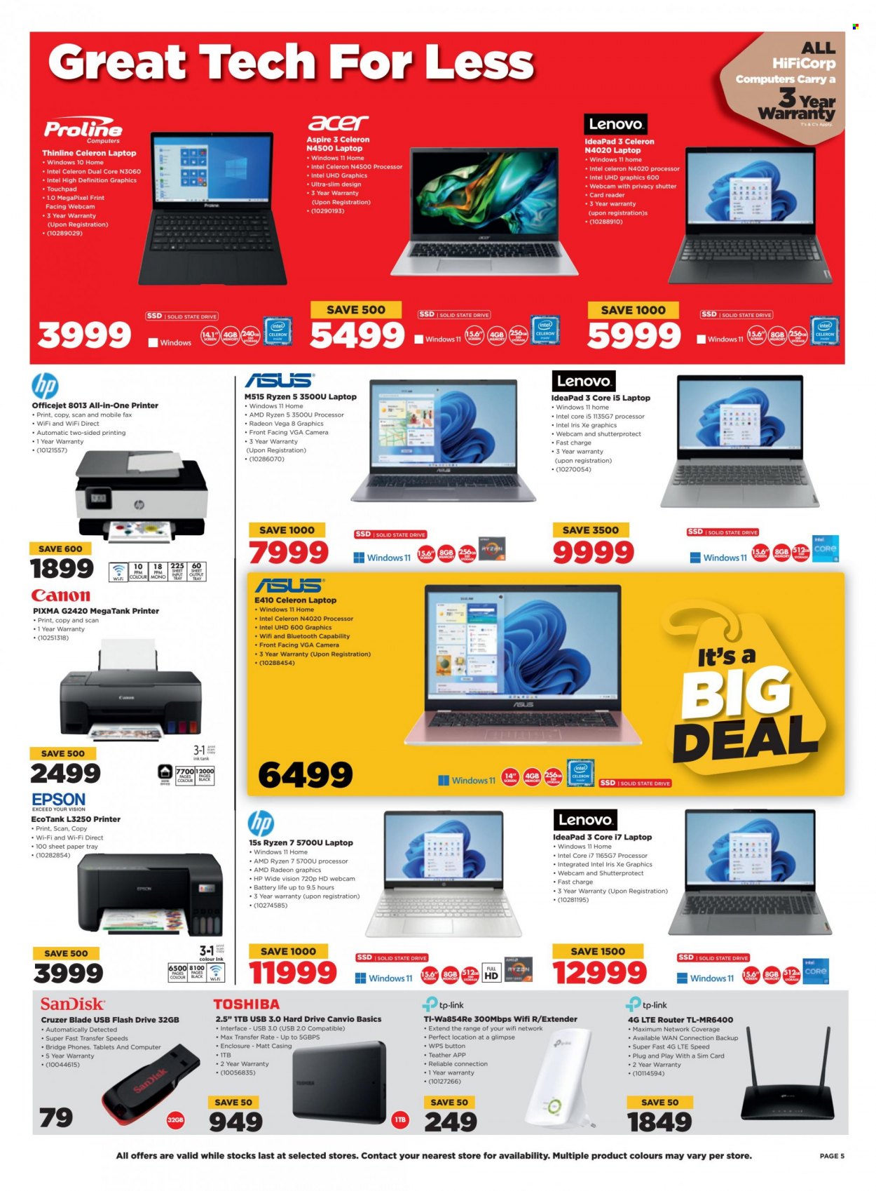 HiFiCorp catalogue  - 05/07/2023 - 16/07/2023 - Sales products - Intel, Acer, Asus, Lenovo, Hewlett Packard, Sandisk, tp-link, webcam, router, SIM card, laptop, computer, Toshiba, hard disk, flash drive, Radeon, AMD Radeon, Canon, camera, Epson, all-in-one printer, printer, HP OfficeJet. Page 5.