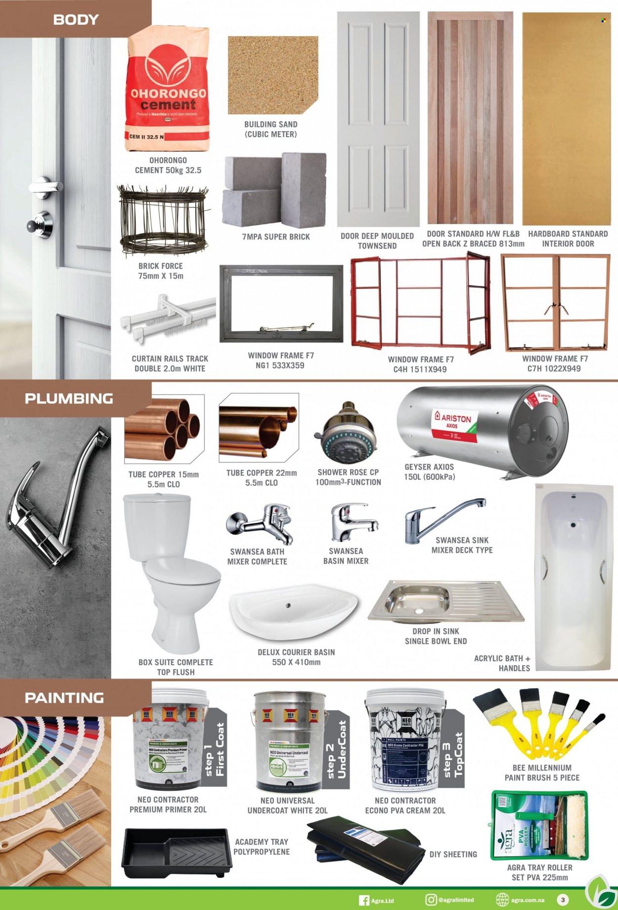 Agra catalogue  - Sales products - bath mixer, basin mixer, geyser, paint brush, bowl, sheeting, tray, roller, paint, curtain rail. Page 3.