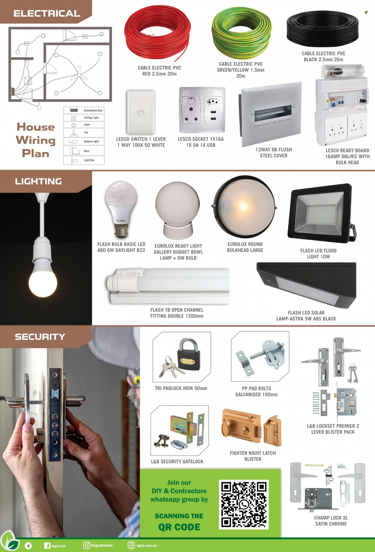 Agra catalogue  - Sales products - bulb, bowl, lamp, solar light, lighting, ceiling lamp, floodlight, switch, ready board, lockset, bolt. Page 4.