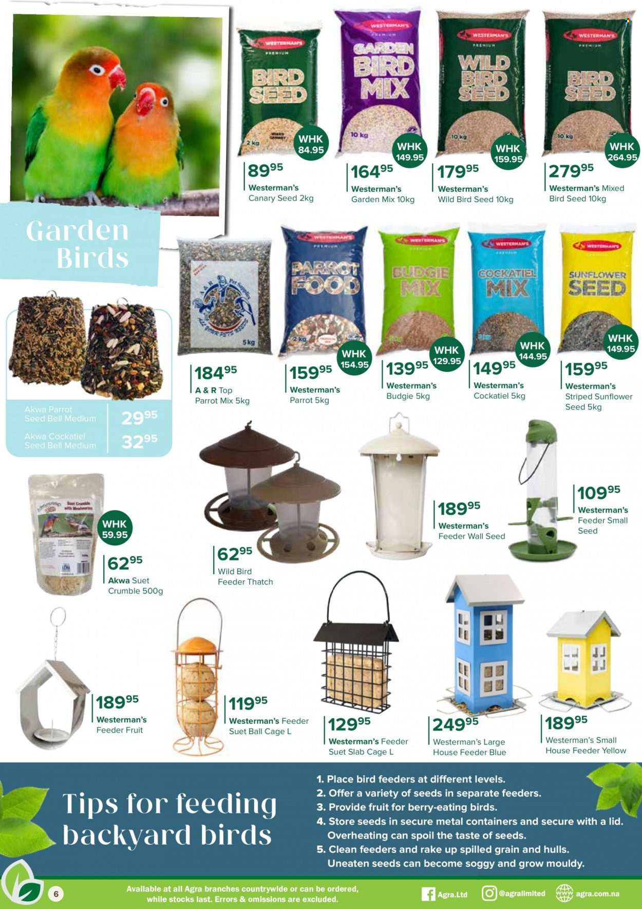 Agra catalogue  - 01/09/2023 - 31/10/2023 - Sales products - bird feeder, cage, animal food, bird food, suet, seed, container, rake, Parrot. Page 6.