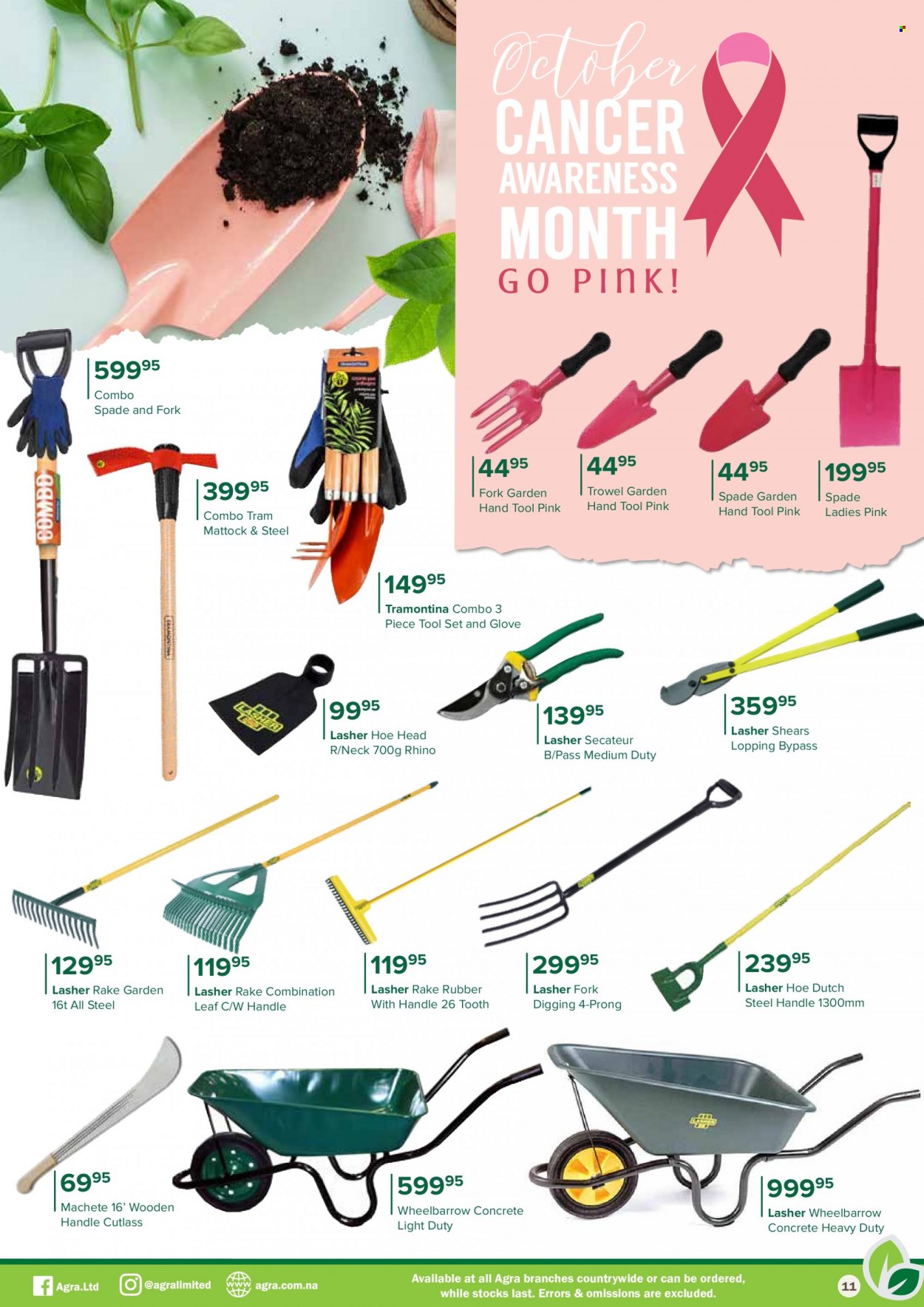 Agra catalogue  - 01/09/2023 - 31/10/2023 - Sales products - eraser, gloves, Rhino, tool set, wheelbarrow, spade, rake. Page 11.
