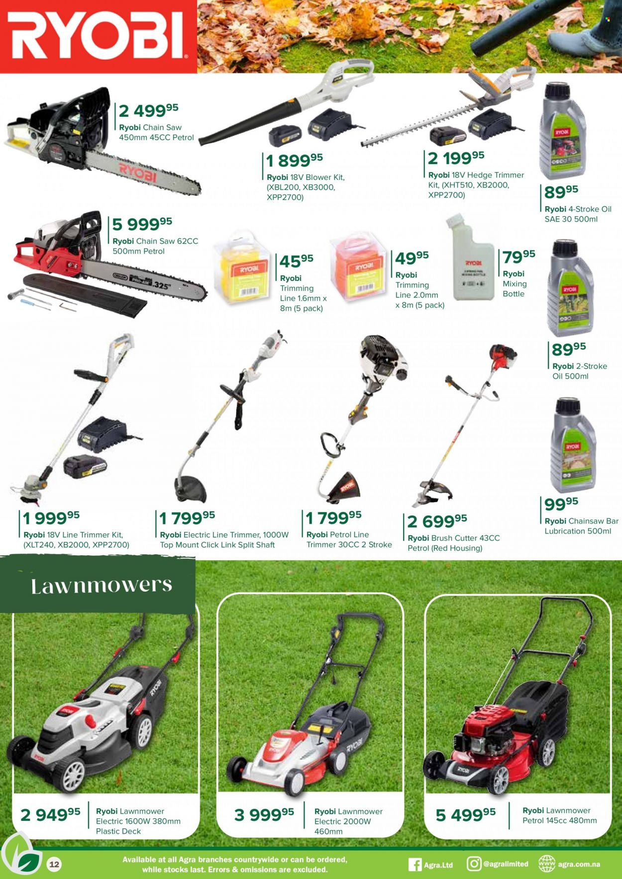 Agra catalogue  - 01/09/2023 - 31/10/2023 - Sales products - Ryobi, chain saw, saw, brush cutter, lawn mower, hedge trimmer, blower. Page 12.