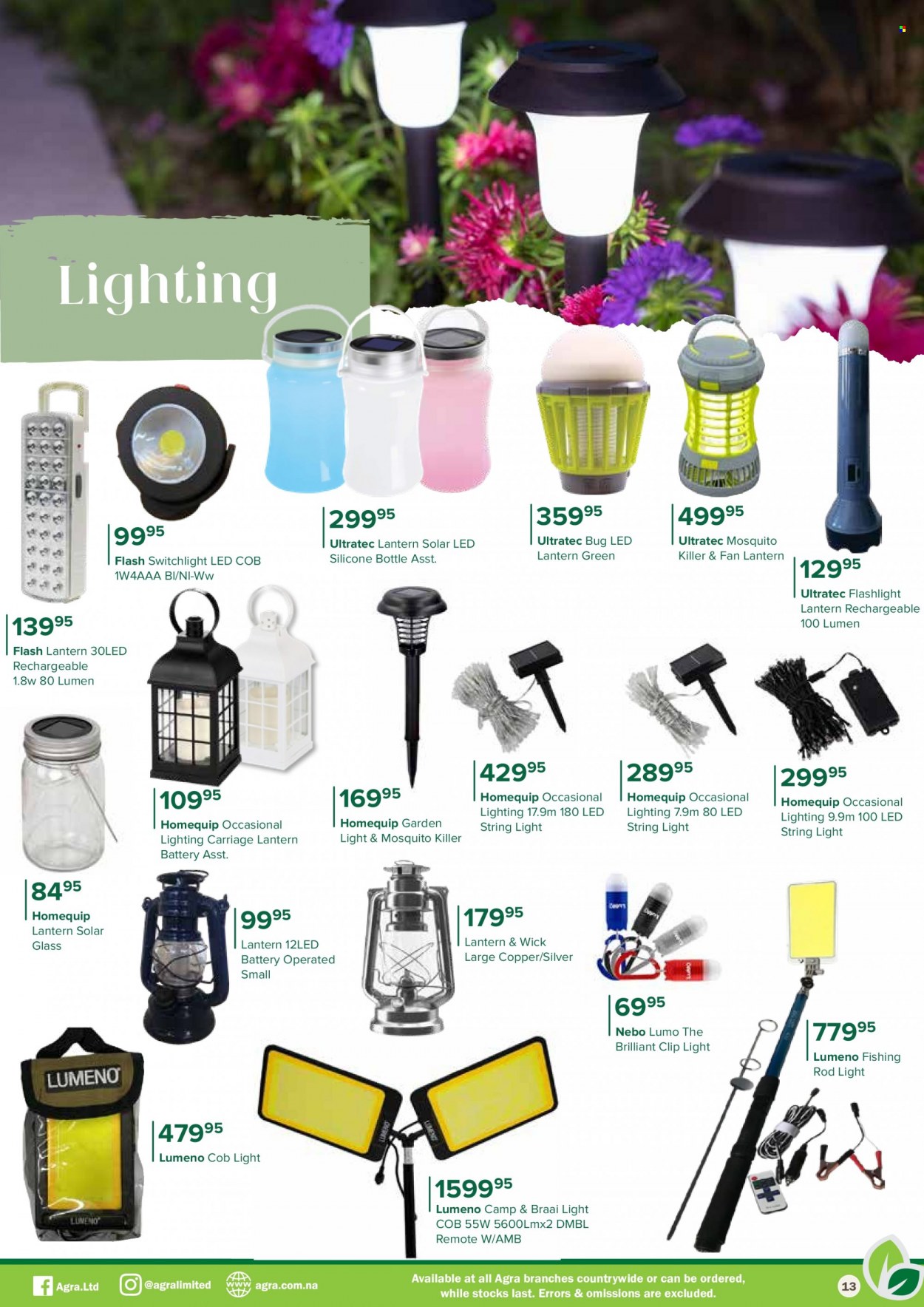 Agra catalogue  - 01/09/2023 - 31/10/2023 - Sales products - lantern, solar led, lighting, string lights, braai, flashlight, fishing rod. Page 13.