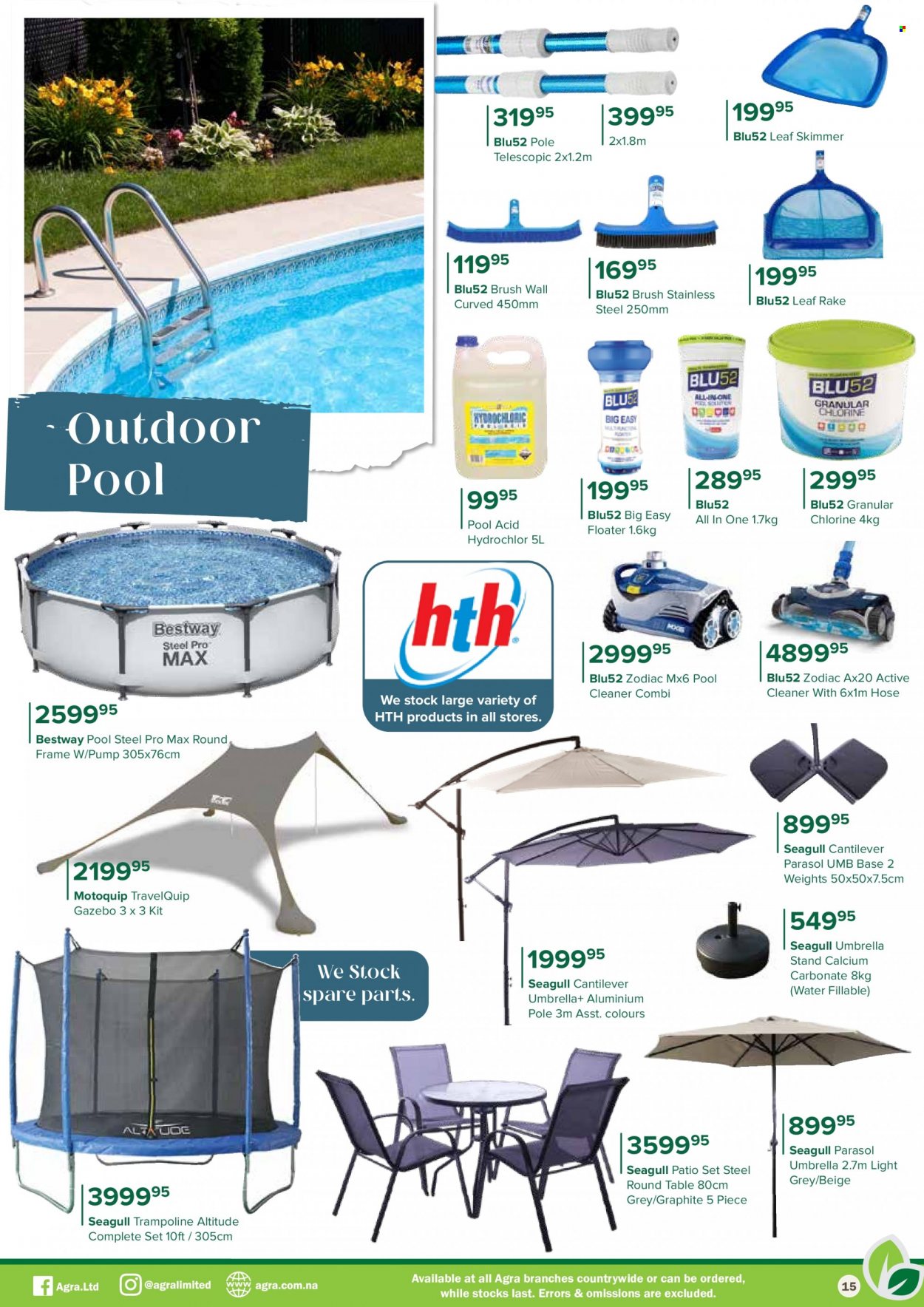 Agra catalogue  - 01/09/2023 - 31/10/2023 - Sales products - umbrella, trampoline, brush, table, gazebo, pump, pool cleaner, rake, cleaner, calcium. Page 15.