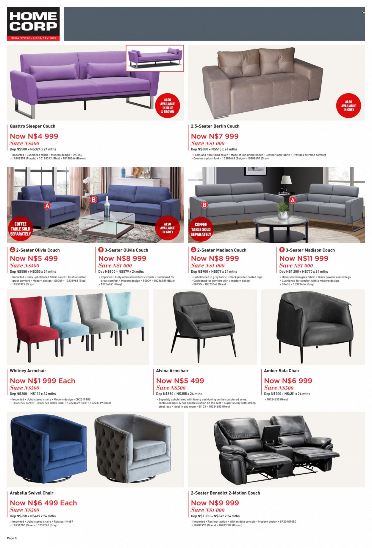 HomeCorp catalogue  - 01/09/2023 - 30/09/2023 - Sales products - table, chair, arm chair, sofa, swivel chair, sofa bed, recliner chair, couch, coffee table, cushion. Page 6.