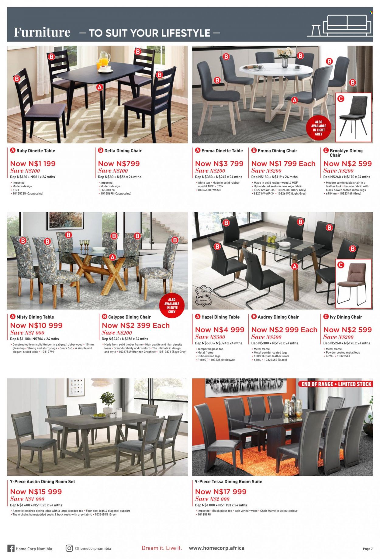HomeCorp catalogue  - 01/09/2023 - 30/09/2023 - Sales products - dining table, table, dining room suite, chair, dining chair, metal frame. Page 7.