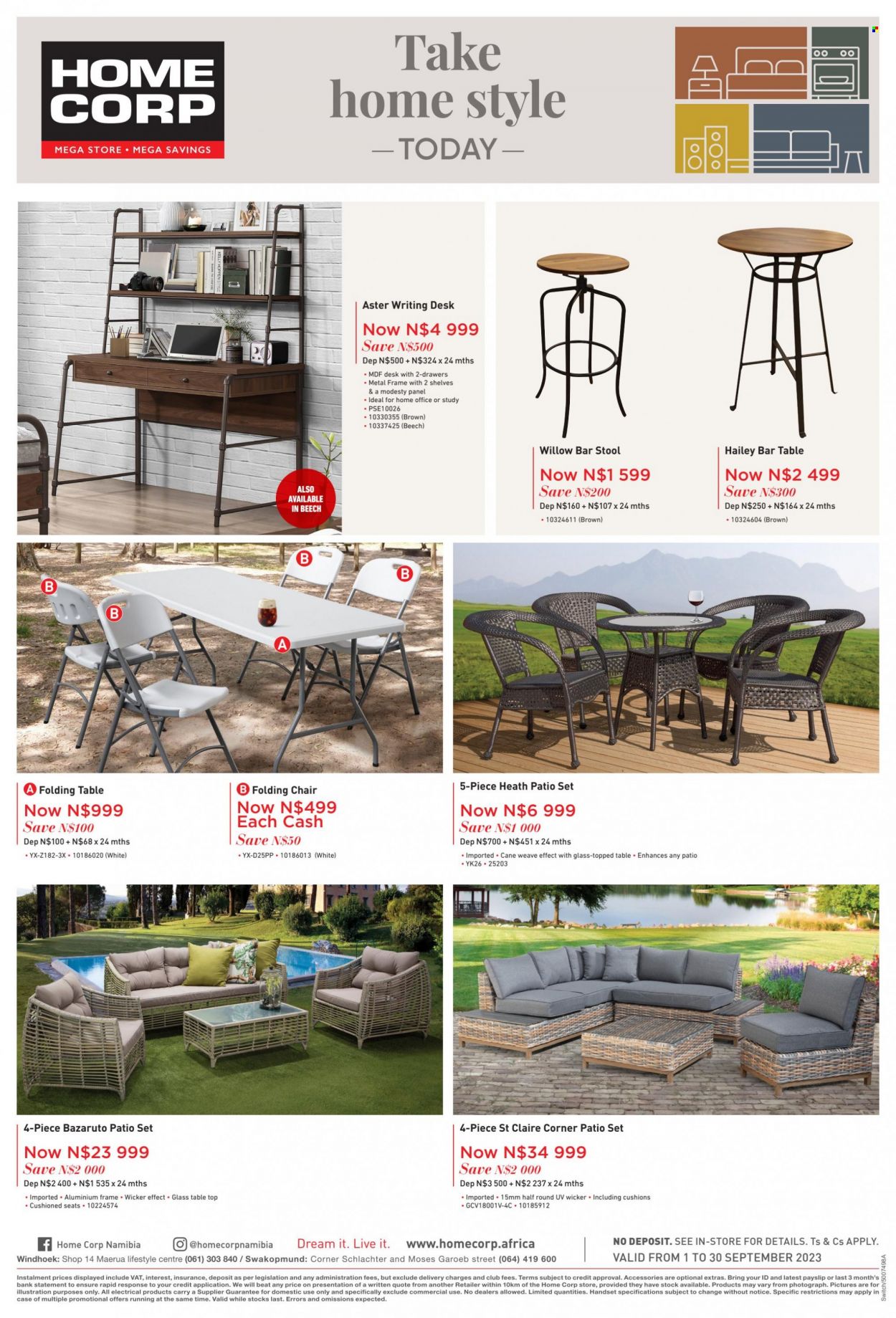 HomeCorp catalogue  - 01/09/2023 - 30/09/2023 - Sales products - stool, chair, bar stool, coctail table, shelves, desk, patio furniture, patio set, folding table, folding chair, cushion, metal frame. Page 8.