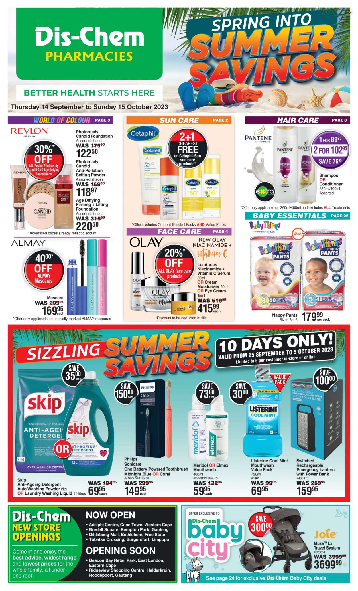 Dis-Chem catalogue  - 15/09/2023 - 15/10/2023 - Sales products - Philips, pants, nappies, detergent, laundry powder, shampoo, hair products, Listerine, toothbrush, mouthwash, Almay, serum, Olay, eye cream, Niacinamide, sun care, Cetaphil, conditioner, Revlon, mascara, shades, face powder, Sonicare. Page 1.