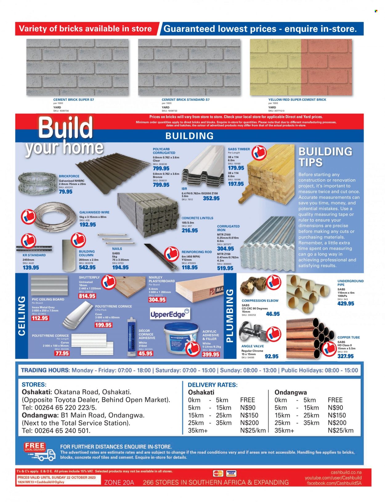 Cashbuild catalogue  - 18/09/2023 - 22/10/2023 - Sales products - pipe, copper tube, adhesive, ceiling board, measuring tape. Page 4.